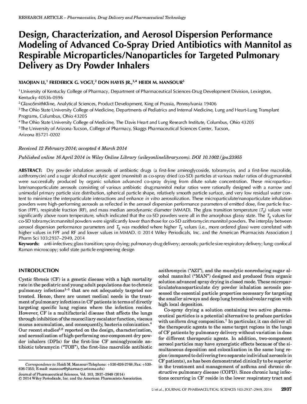 Design, Characterization, and Aerosol Dispersion Performance Modeling of Advanced Co-Spray Dried Antibiotics with Mannitol as Respirable Microparticles/Nanoparticles for Targeted Pulmonary Delivery as Dry Powder Inhalers