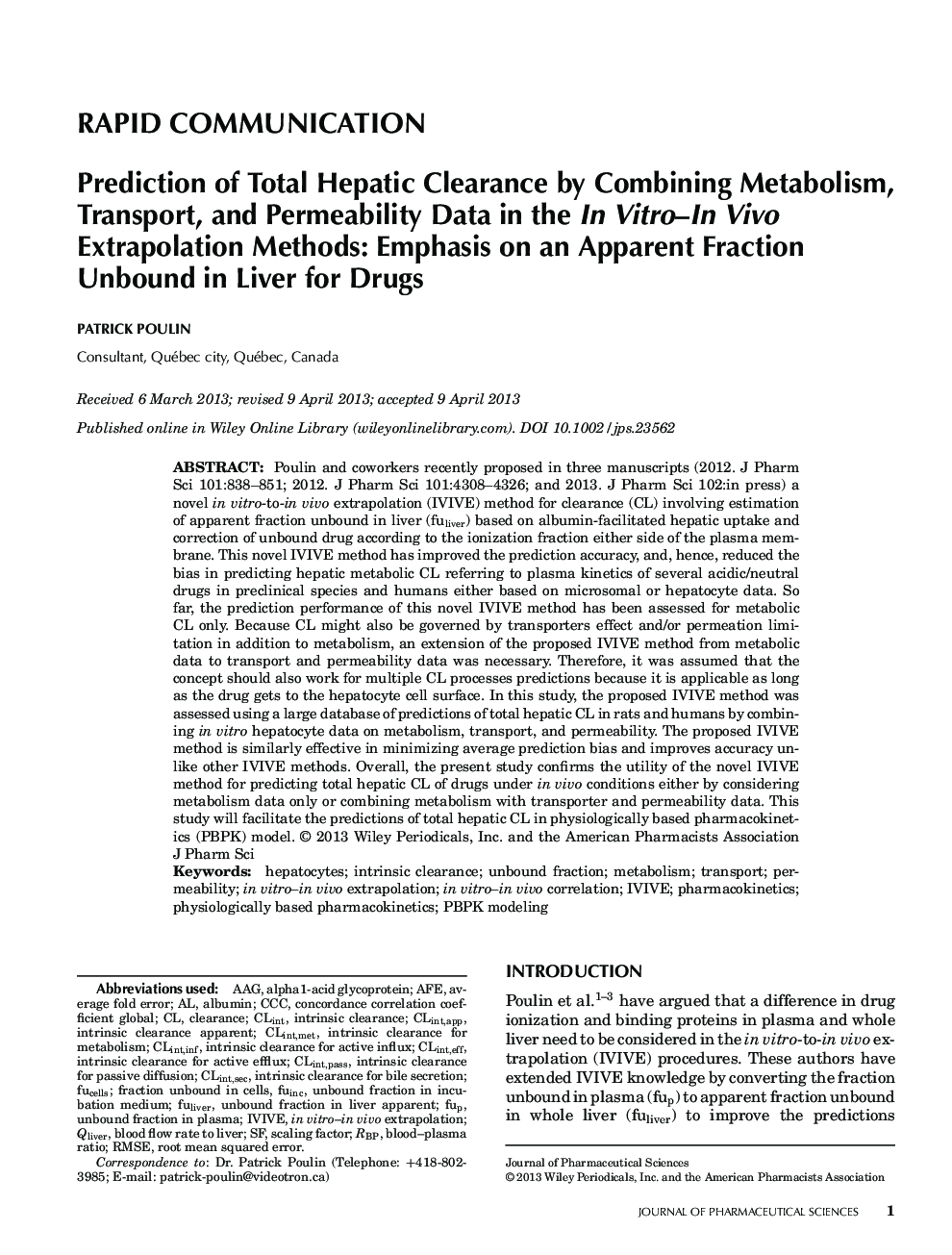 Prediction of Total Hepatic Clearance by Combining Metabolism, Transport, and Permeability Data in the In Vitro-In Vivo Extrapolation Methods: Emphasis on an Apparent Fraction Unbound in Liver for Drugs