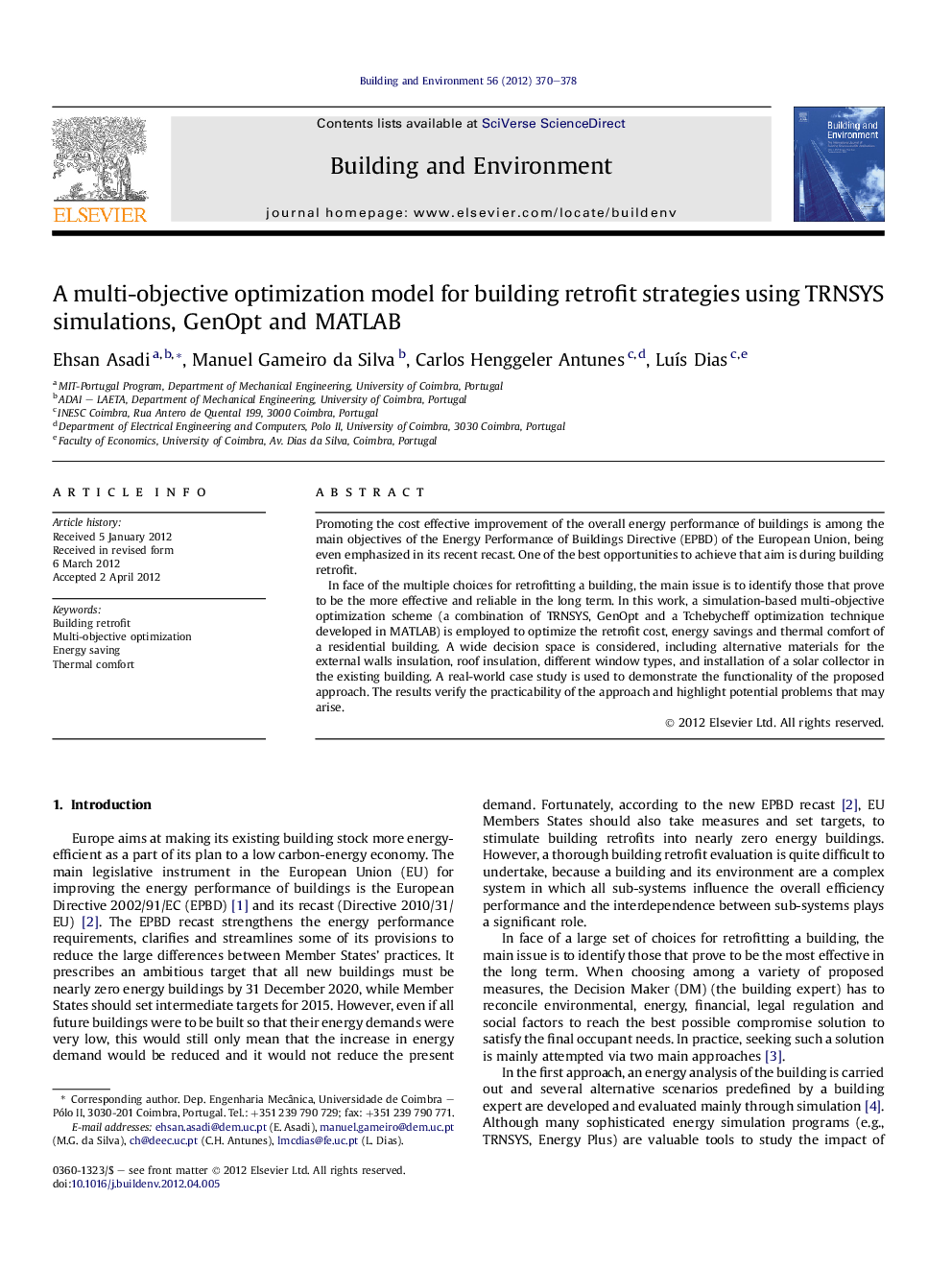 A multi-objective optimization model for building retrofit strategies using TRNSYS simulations, GenOpt and MATLAB