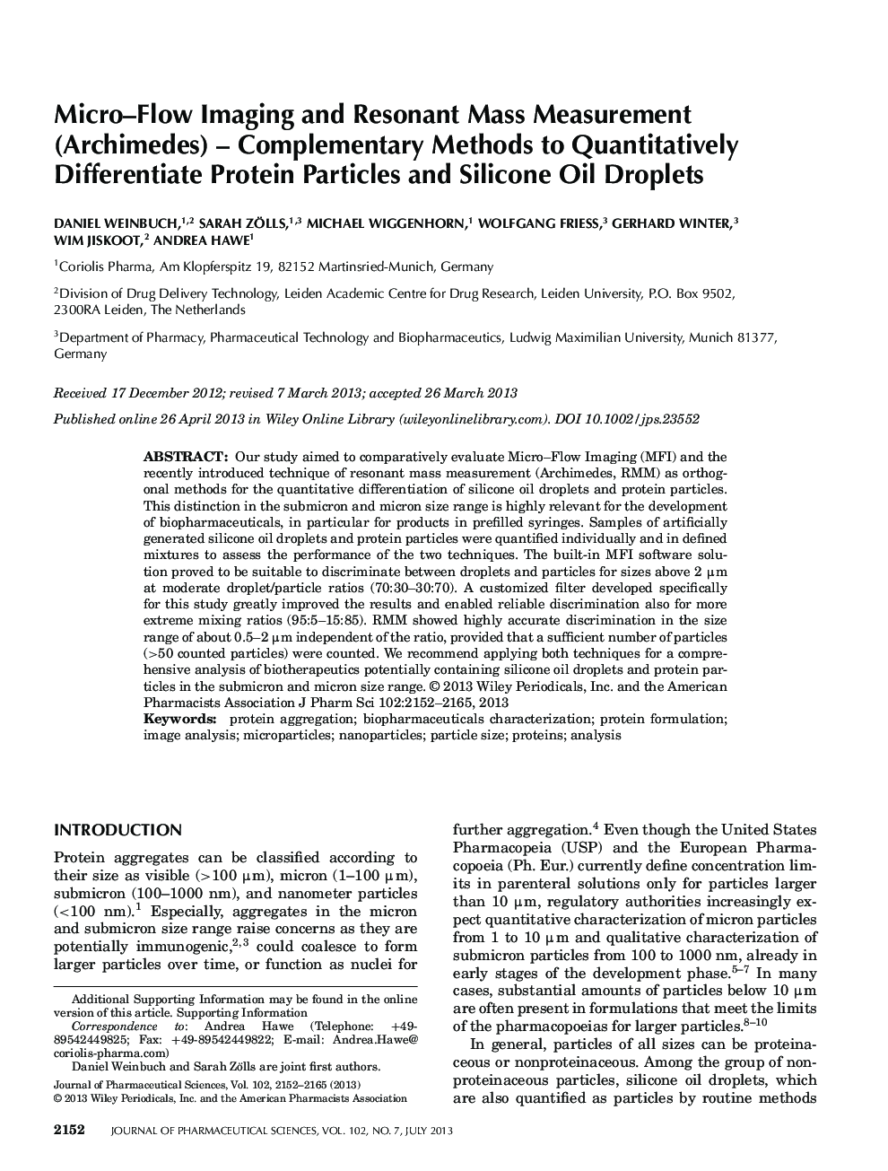 Micro-Flow Imaging and Resonant Mass Measurement (Archimedes) - Complementary Methods to Quantitatively Differentiate Protein Particles and Silicone Oil Droplets