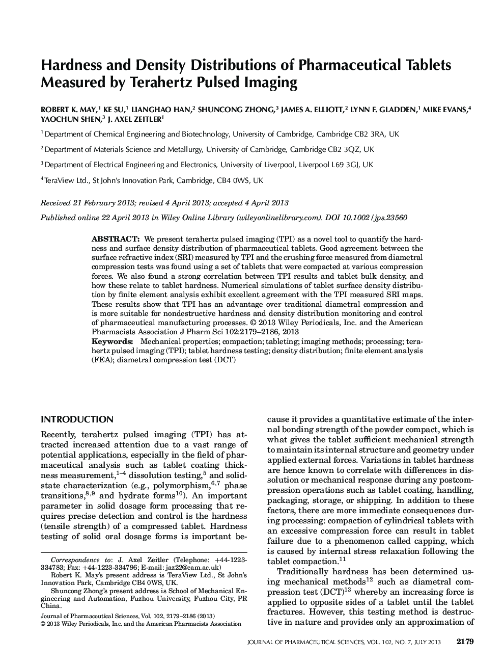 Hardness and Density Distributions of Pharmaceutical Tablets Measured by Terahertz Pulsed Imaging