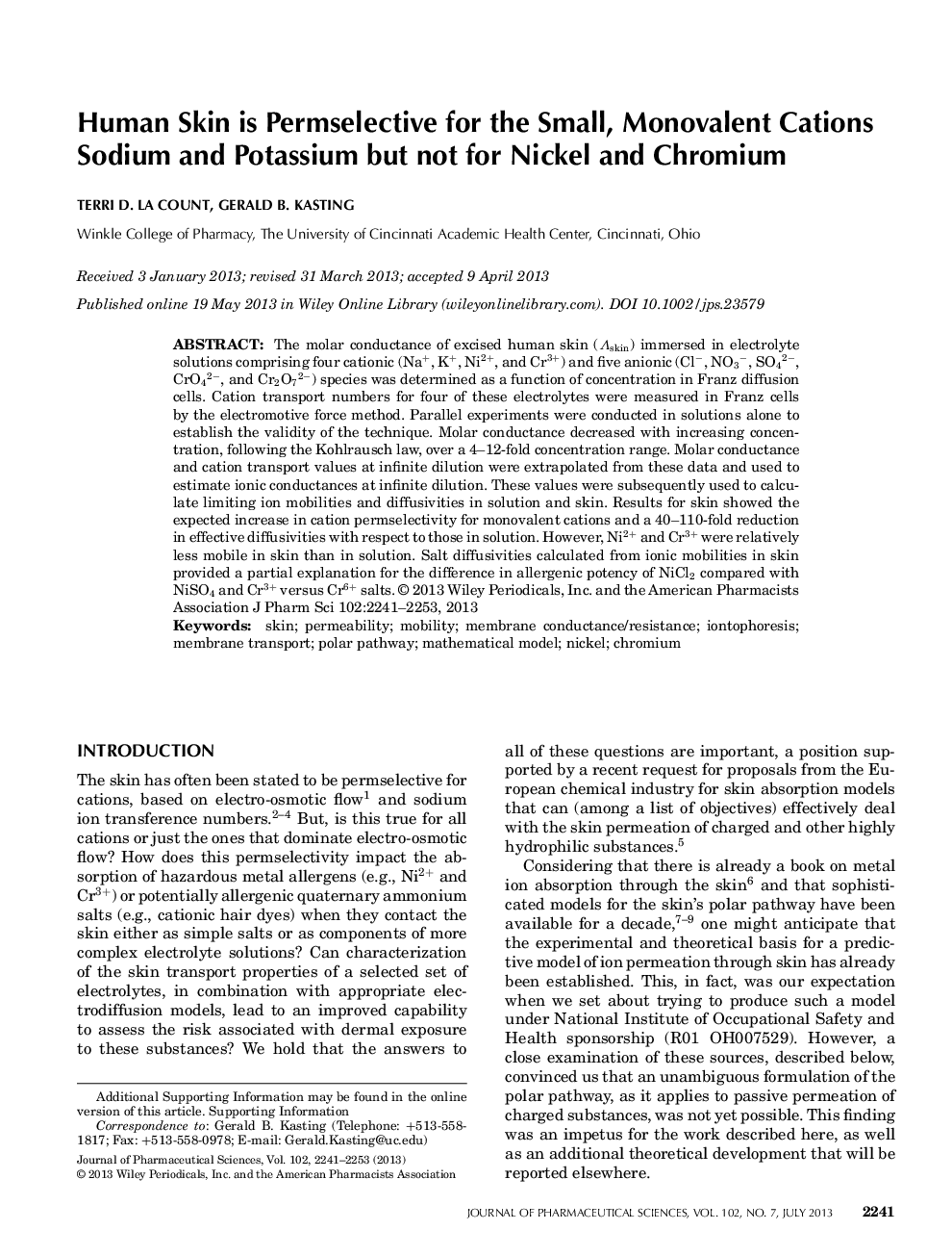 Human Skin is Permselective for the Small, Monovalent Cations Sodium and Potassium but not for Nickel and Chromium