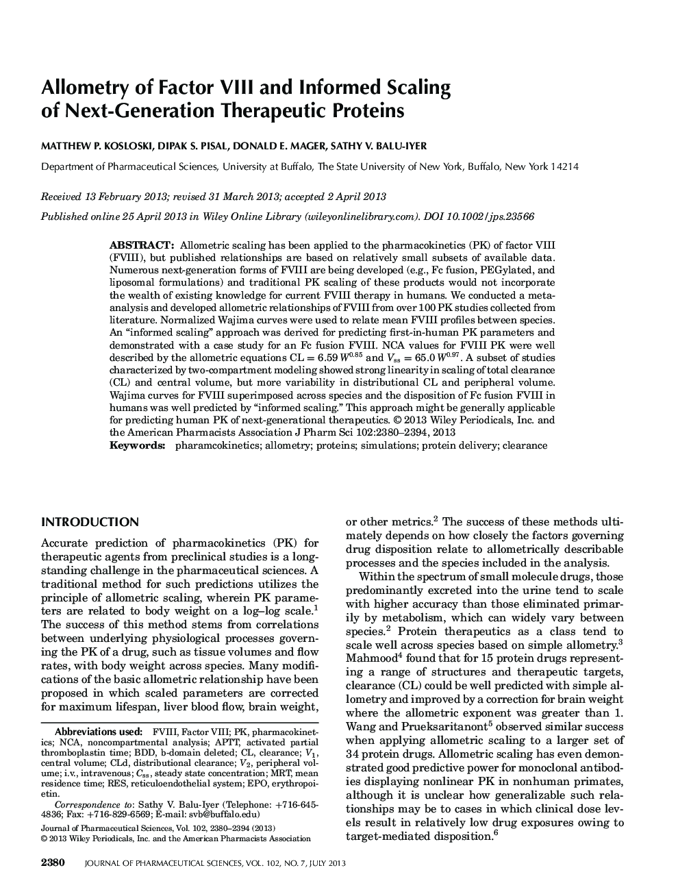 Allometry of Factor VIII and Informed Scaling of Next-Generation Therapeutic Proteins