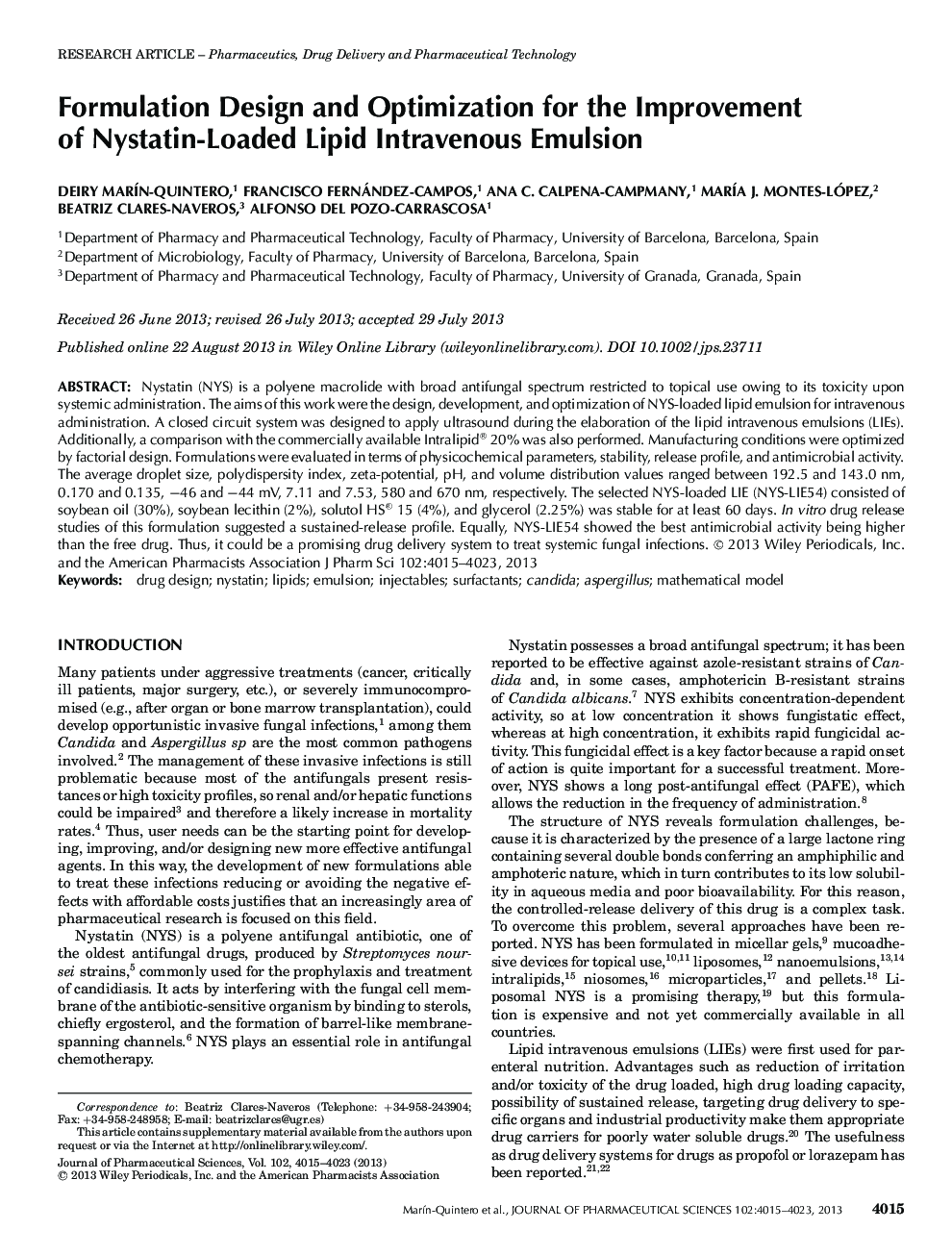 Formulation Design and Optimization for the Improvement of Nystatin-Loaded Lipid Intravenous Emulsion