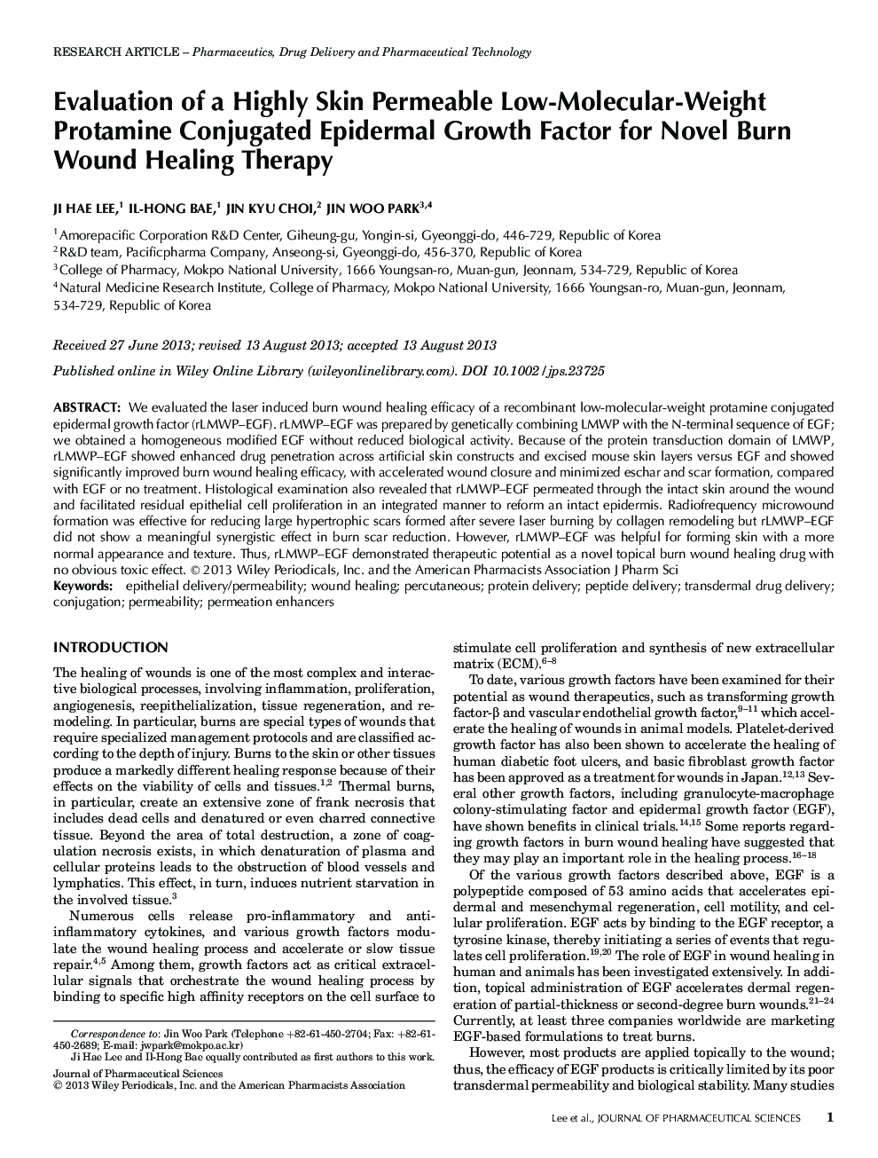 Evaluation of a Highly Skin Permeable Low-Molecular-Weight Protamine Conjugated Epidermal Growth Factor for Novel Burn Wound Healing Therapy