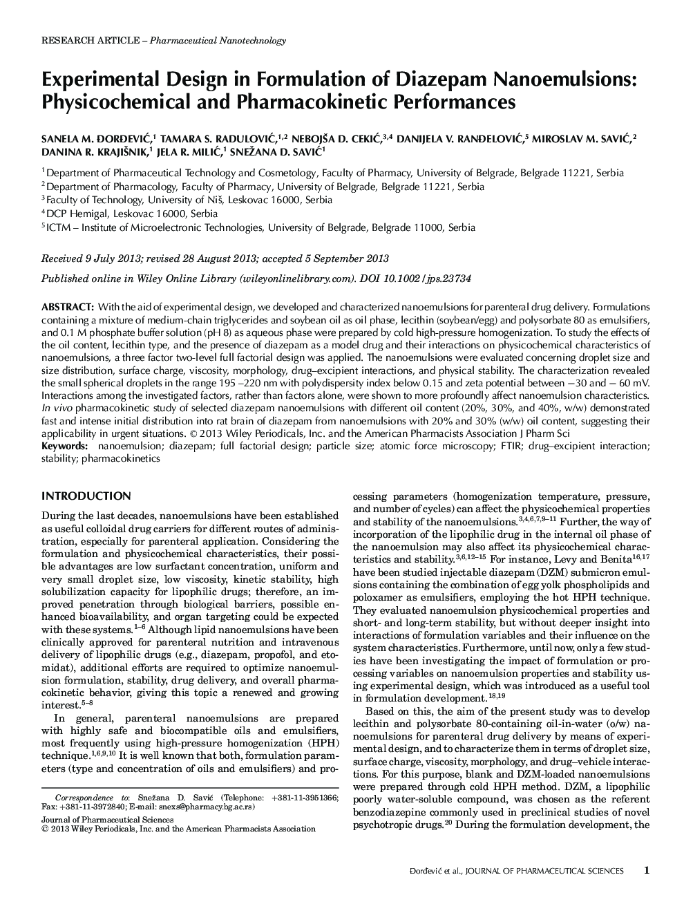 Experimental Design in Formulation of Diazepam Nanoemulsions: Physicochemical and Pharmacokinetic Performances