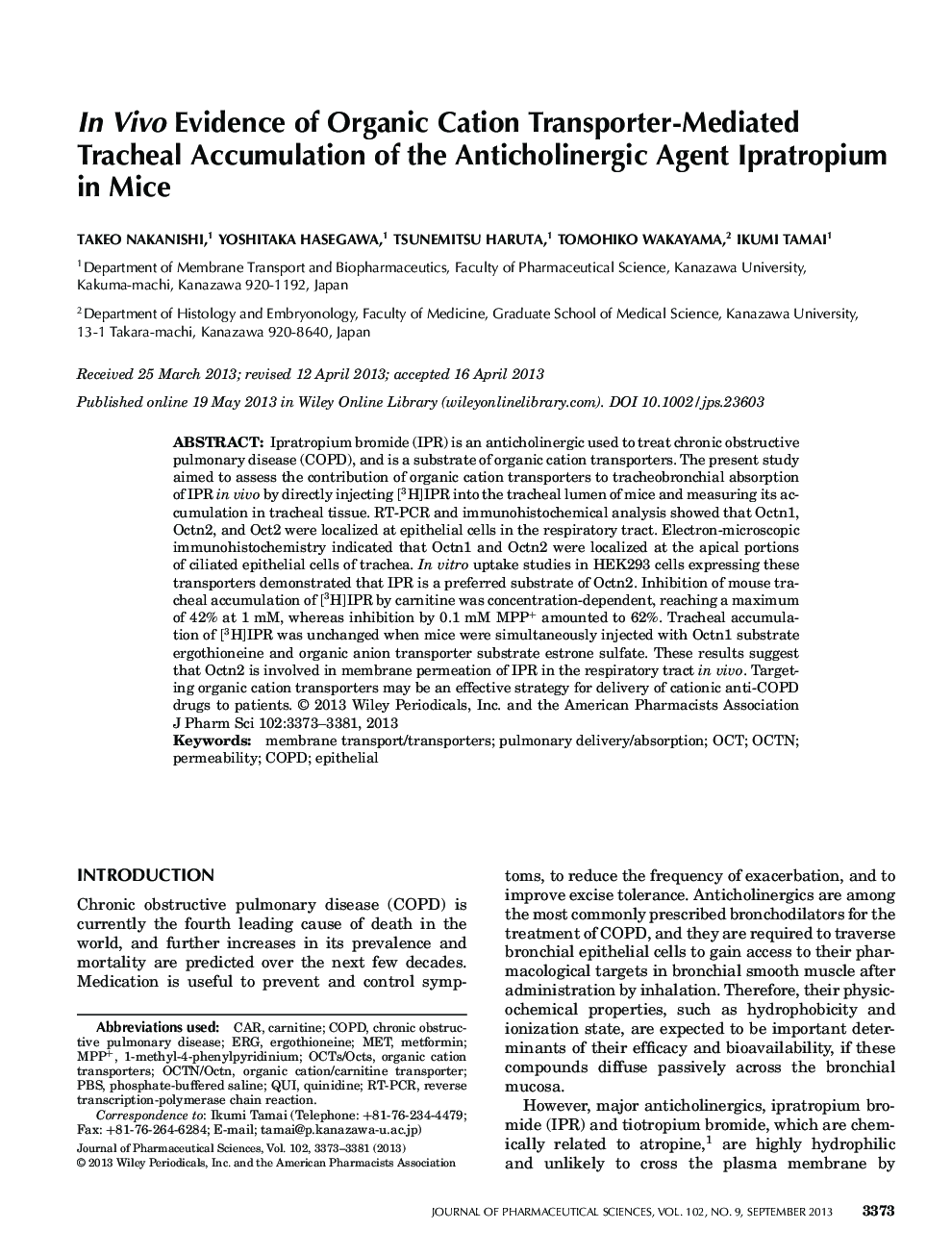 In Vivo Evidence of Organic Cation Transporter-Mediated Tracheal Accumulation of the Anticholinergic Agent Ipratropium in Mice