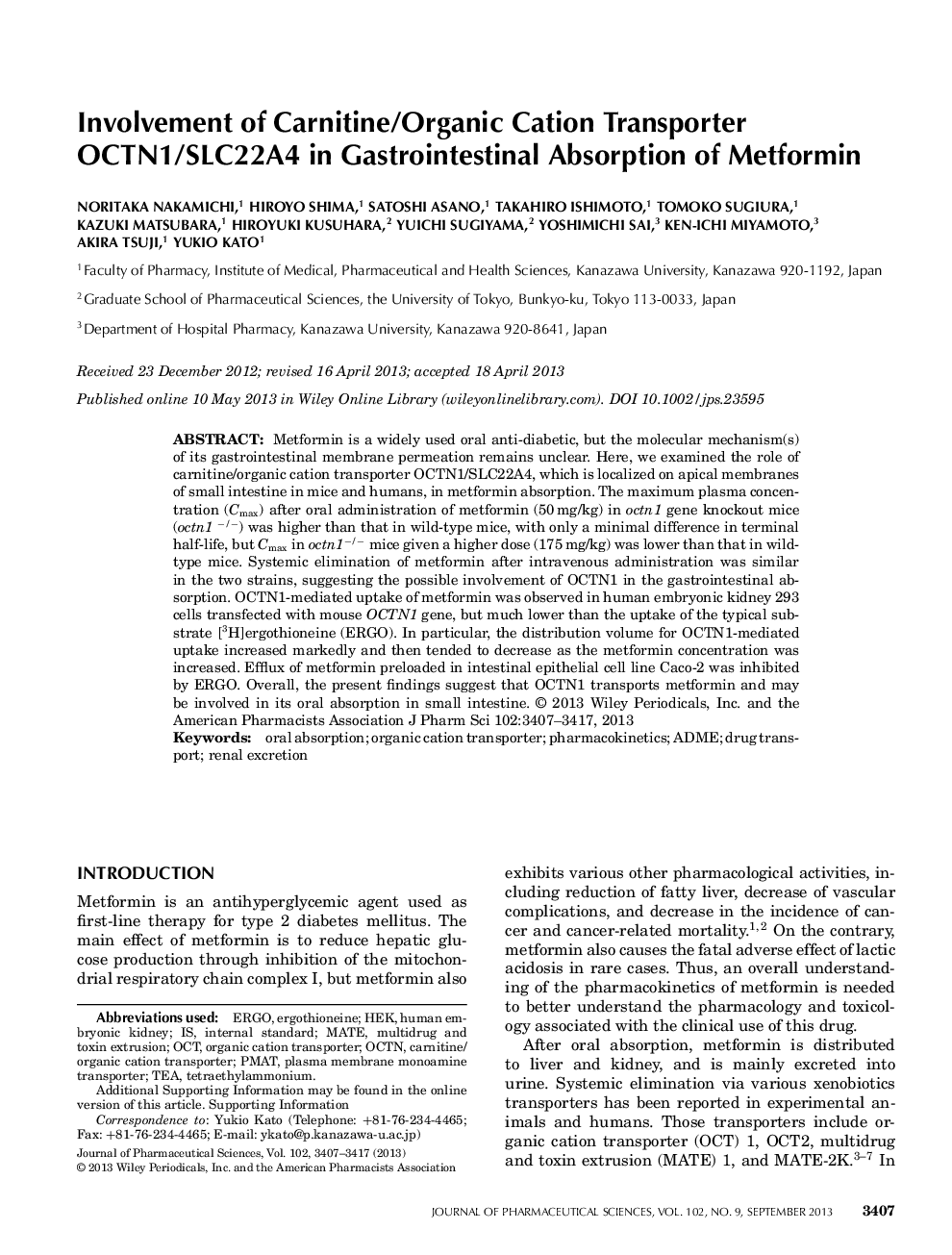 Involvement of Carnitine/Organic Cation Transporter OCTN1/SLC22A4 in Gastrointestinal Absorption of Metformin 