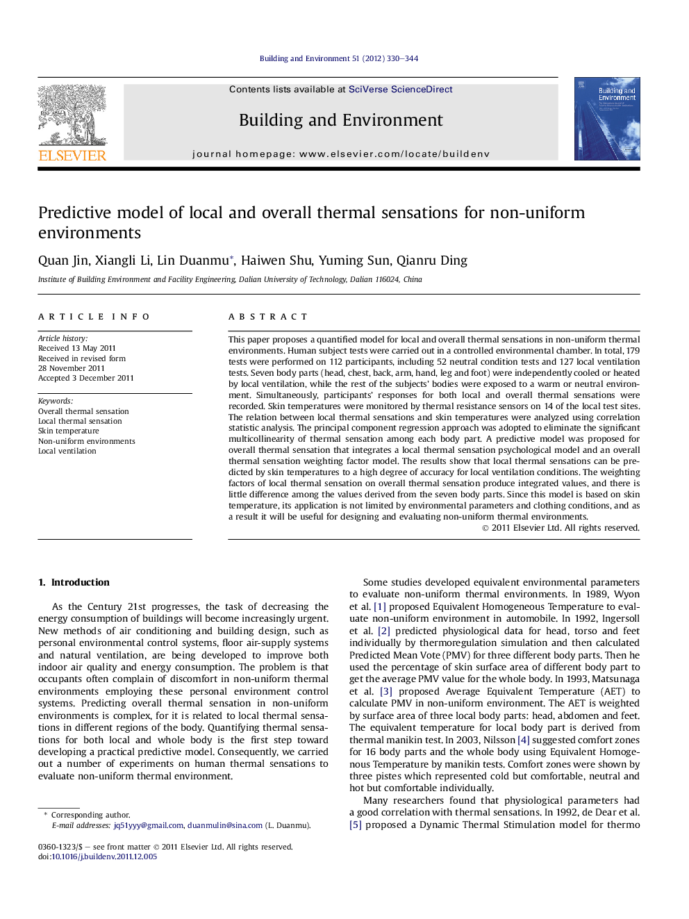 Predictive model of local and overall thermal sensations for non-uniform environments