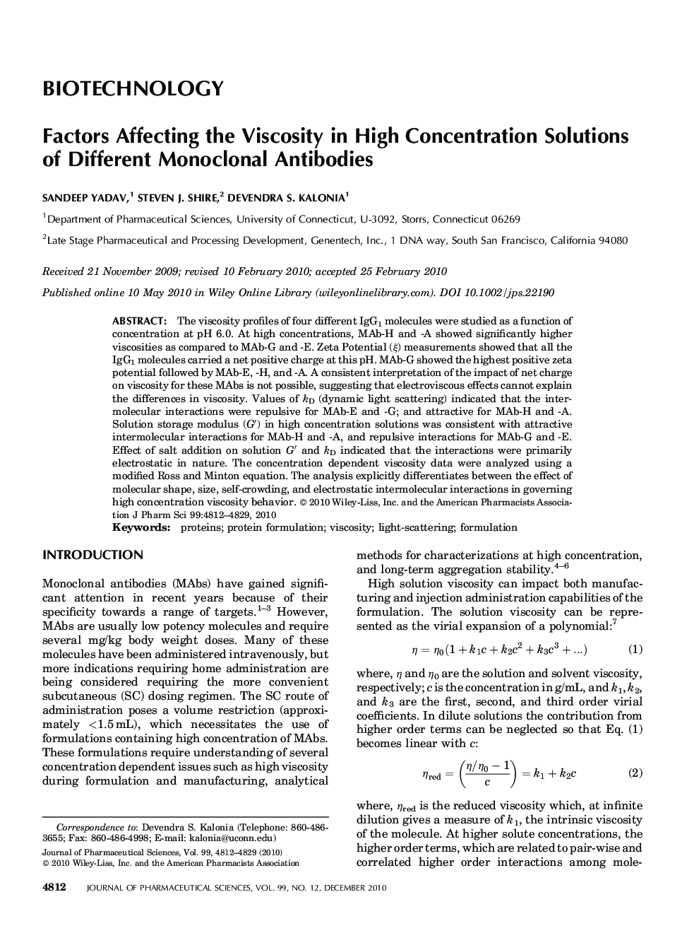 Factors Affecting the Viscosity in High Concentration Solutions of Different Monoclonal Antibodies