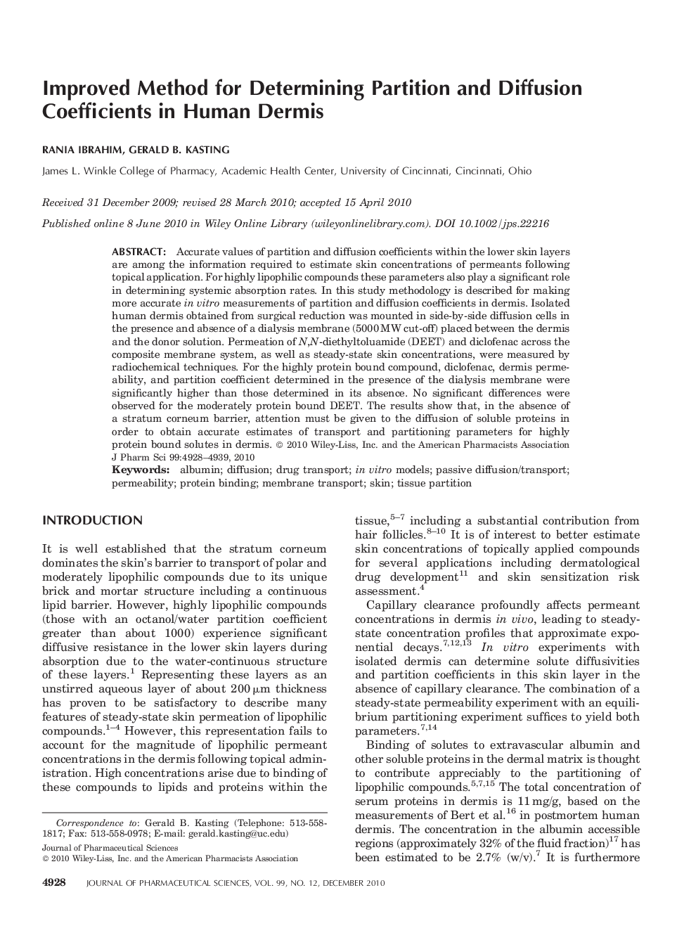 Improved Method for Determining Partition and Diffusion Coefficients in Human Dermis