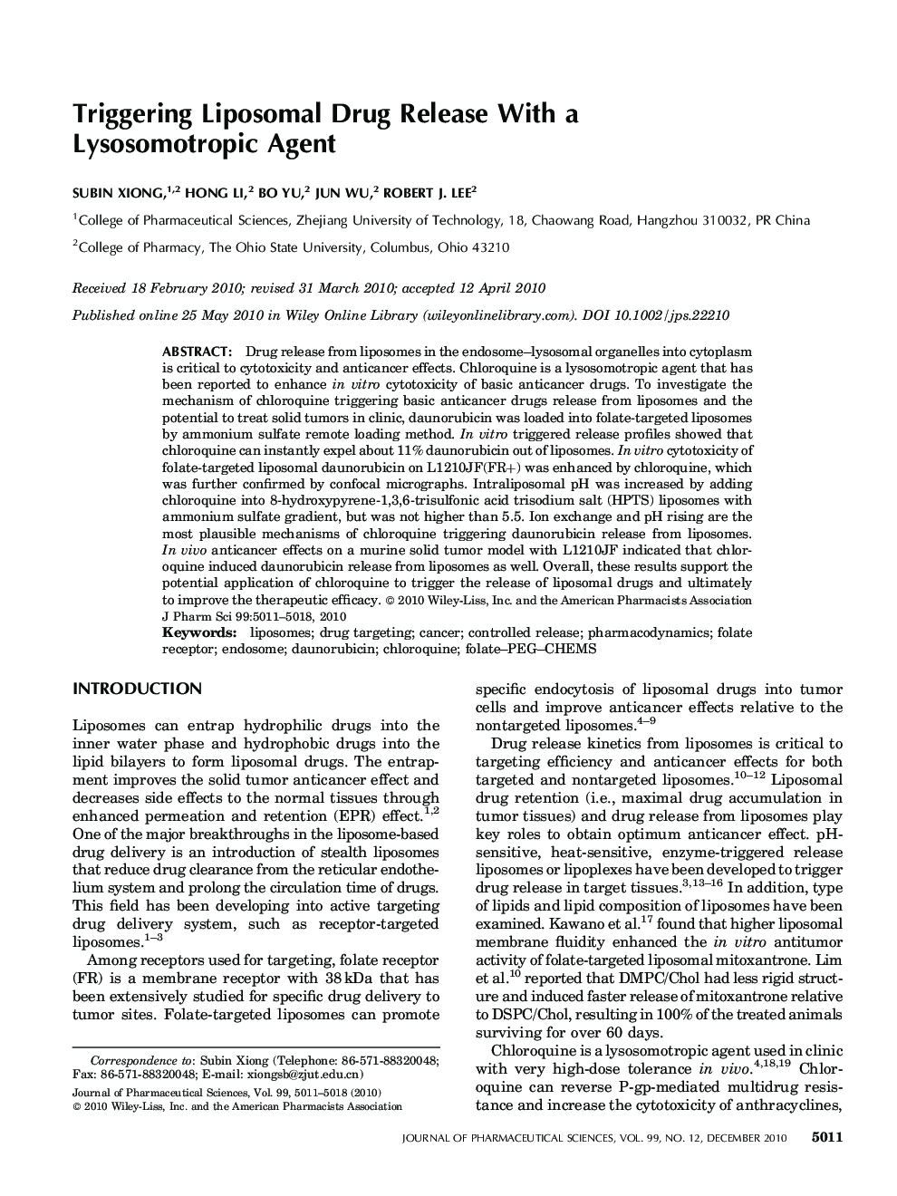 Triggering Liposomal Drug Release With a Lysosomotropic Agent