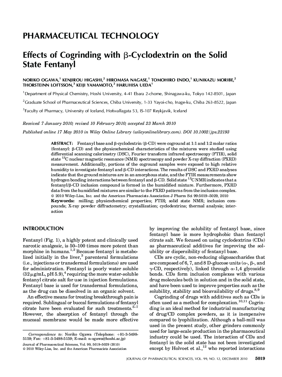 Effects of Cogrinding with Î²-Cyclodextrin on the Solid State Fentanyl