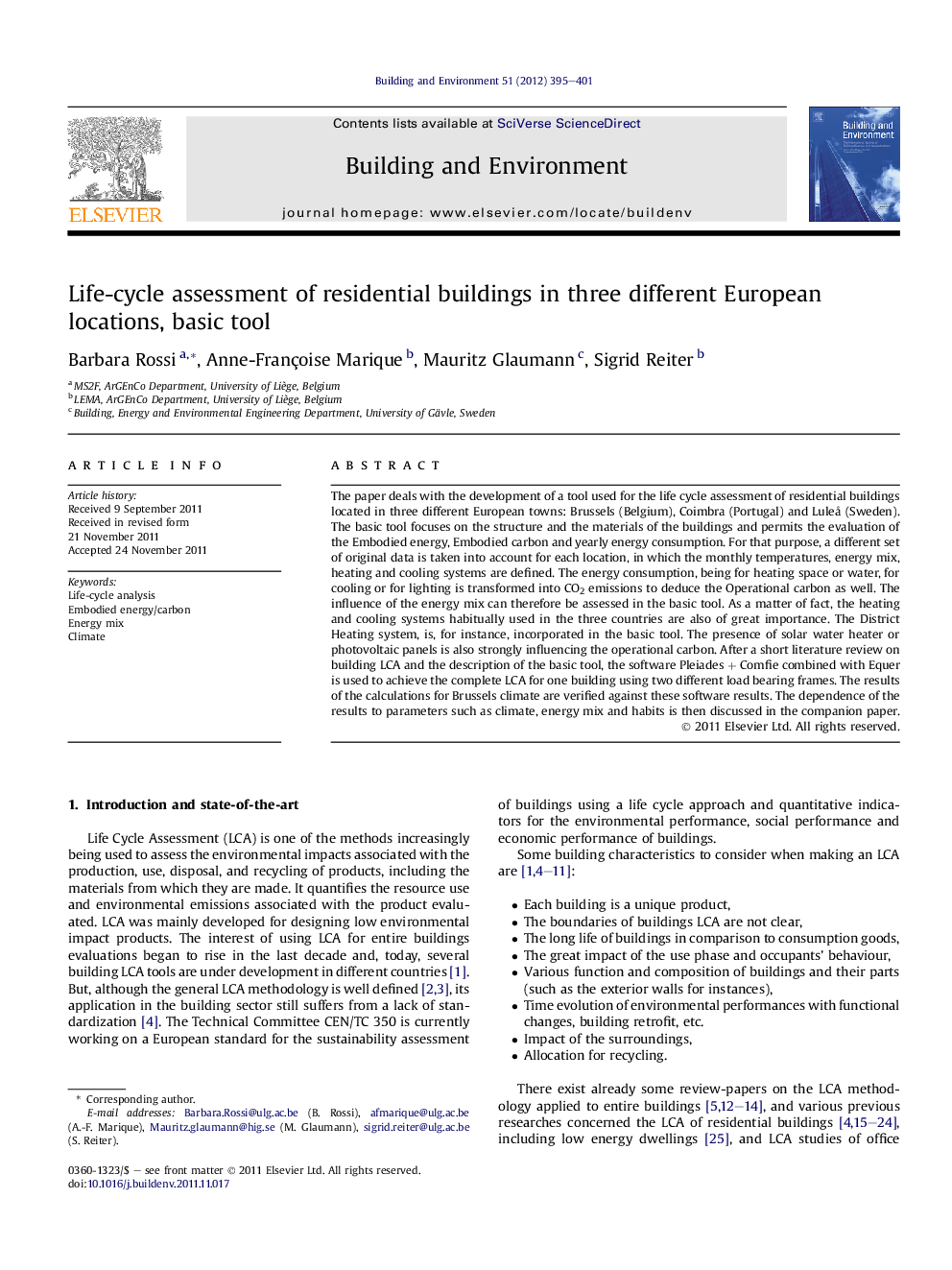 Life-cycle assessment of residential buildings in three different European locations, basic tool