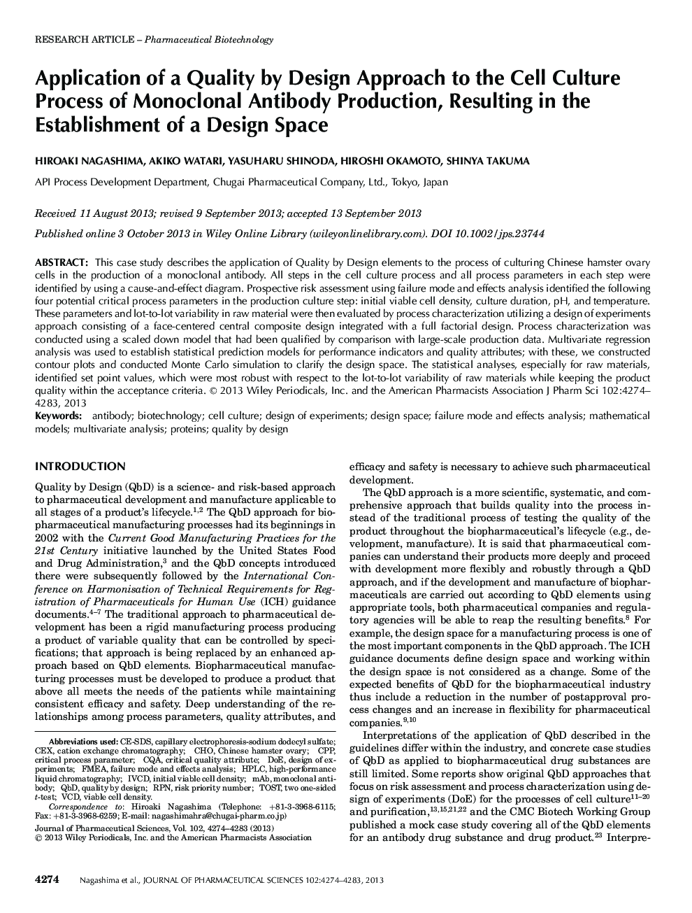 Application of a Quality by Design Approach to the Cell Culture Process of Monoclonal Antibody Production, Resulting in the Establishment of a Design Space