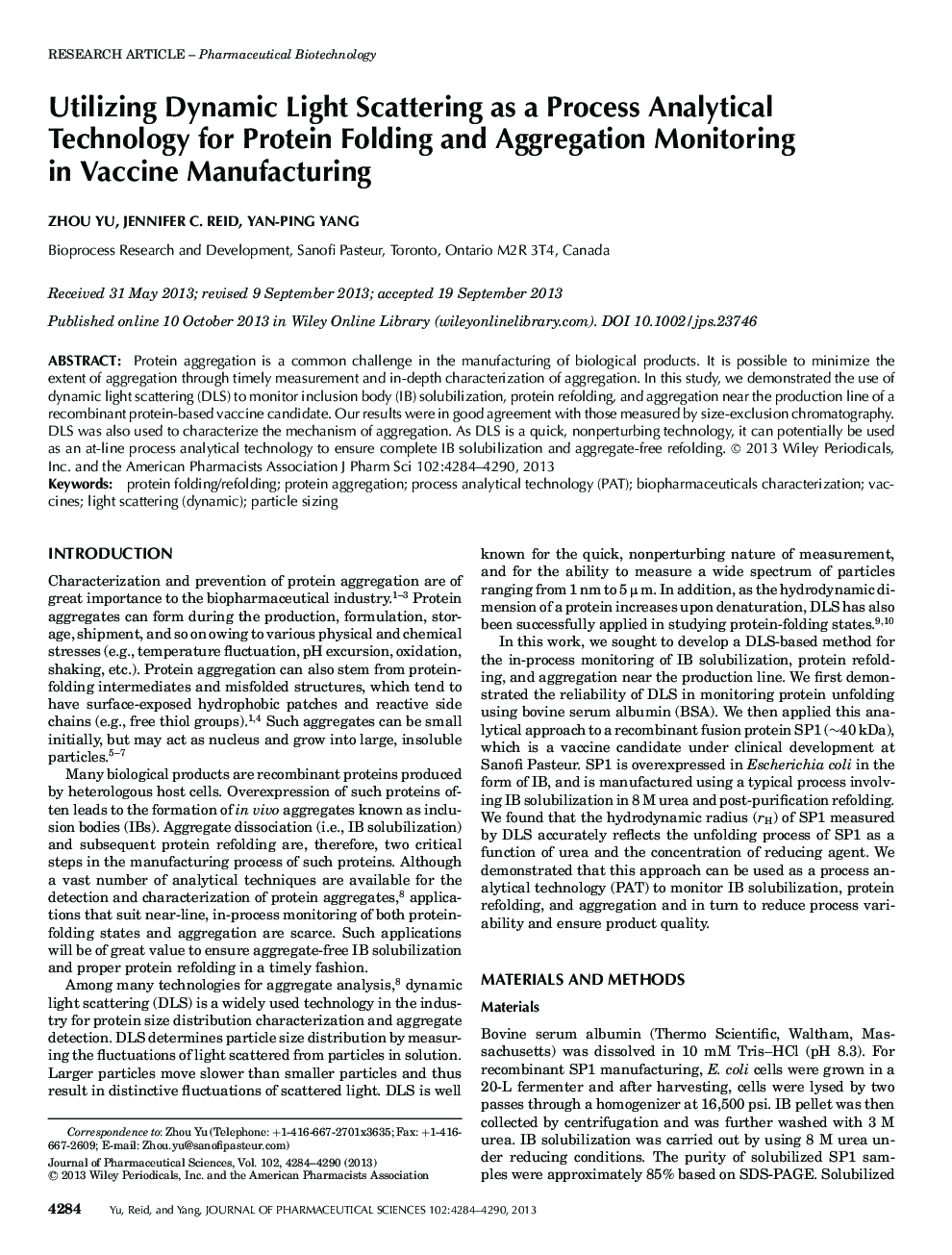 Utilizing Dynamic Light Scattering as a Process Analytical Technology for Protein Folding and Aggregation Monitoring in Vaccine Manufacturing