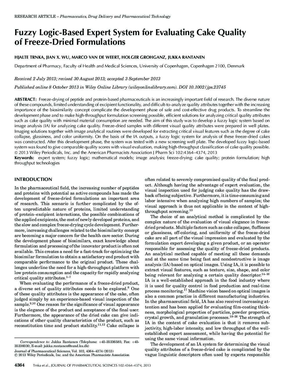 Fuzzy Logic-Based Expert System for Evaluating Cake Quality of Freeze-Dried Formulations