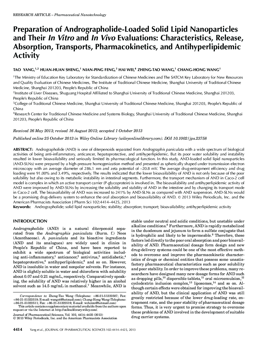 Preparation of Andrographolide-Loaded Solid Lipid Nanoparticles and Their In Vitro and In Vivo Evaluations: Characteristics, Release, Absorption, Transports, Pharmacokinetics, and Antihyperlipidemic Activity