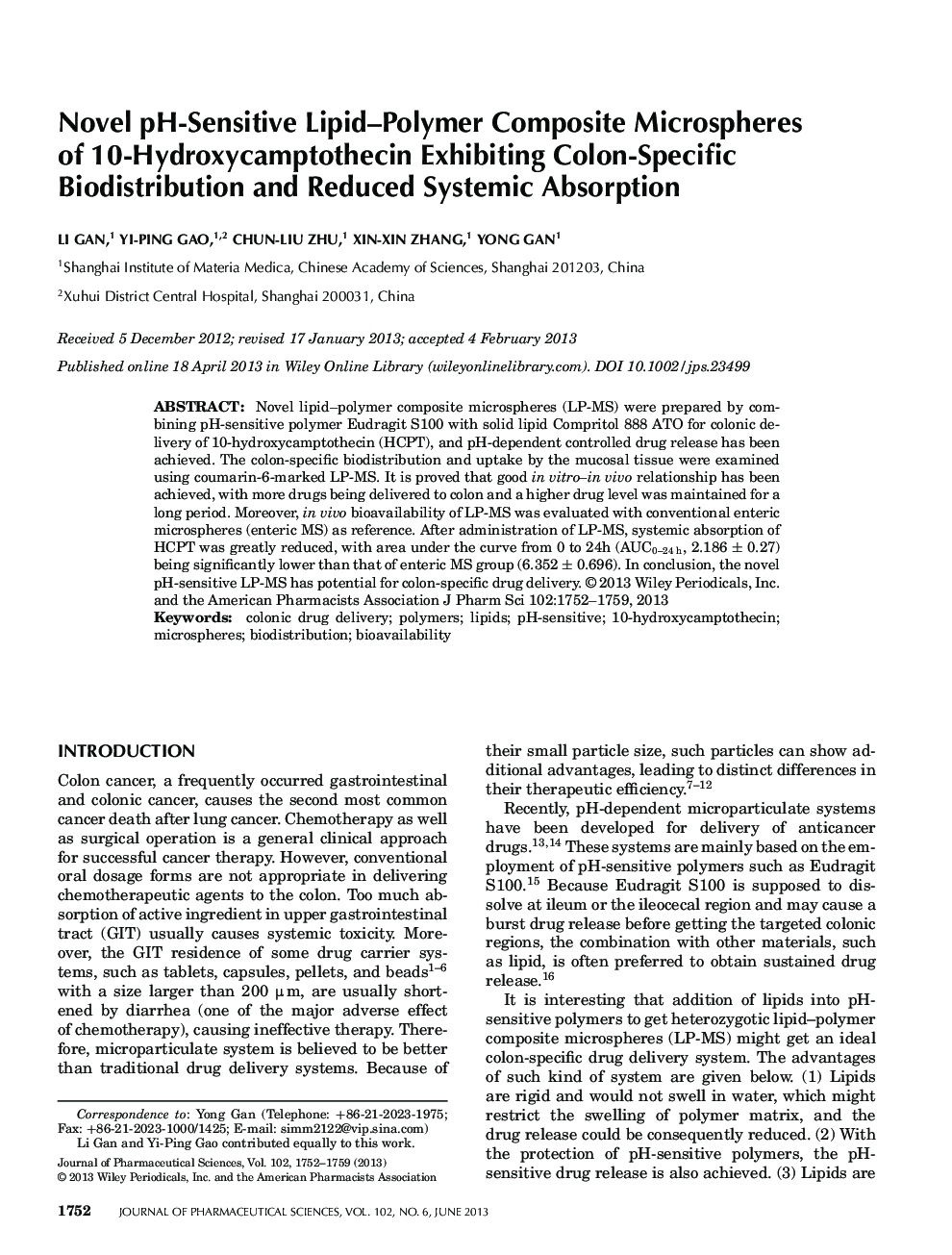 Novel pH-Sensitive Lipid-Polymer Composite Microspheres of 10-Hydroxycamptothecin Exhibiting Colon-Specific Biodistribution and Reduced Systemic Absorption