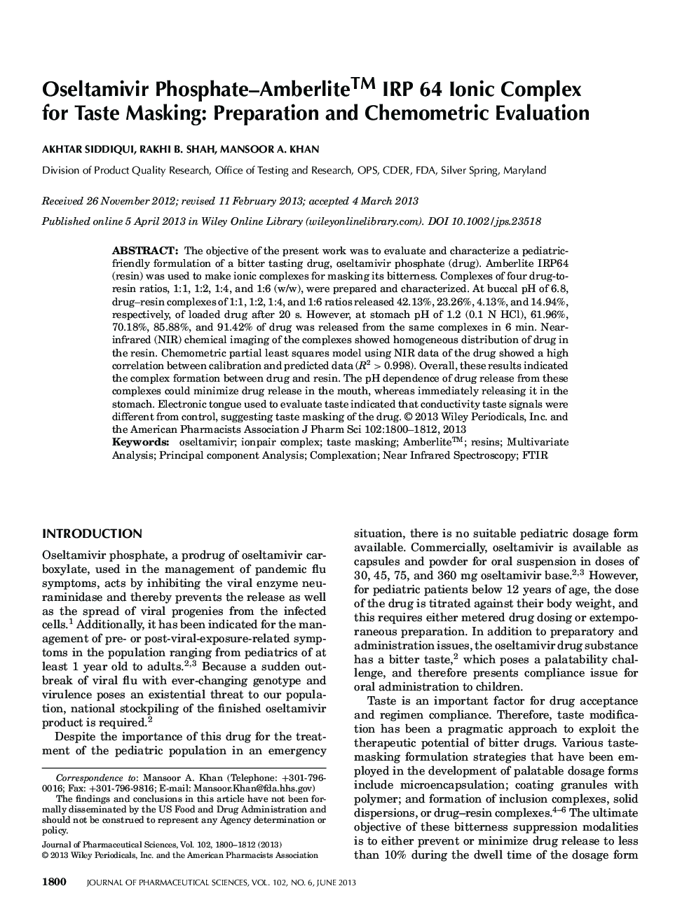 Oseltamivir Phosphate-Amberliteâ¢ IRP 64 Ionic Complex for Taste Masking: Preparation and Chemometric Evaluation