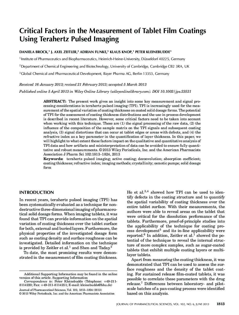 Critical Factors in the Measurement of Tablet Film Coatings Using Terahertz Pulsed Imaging