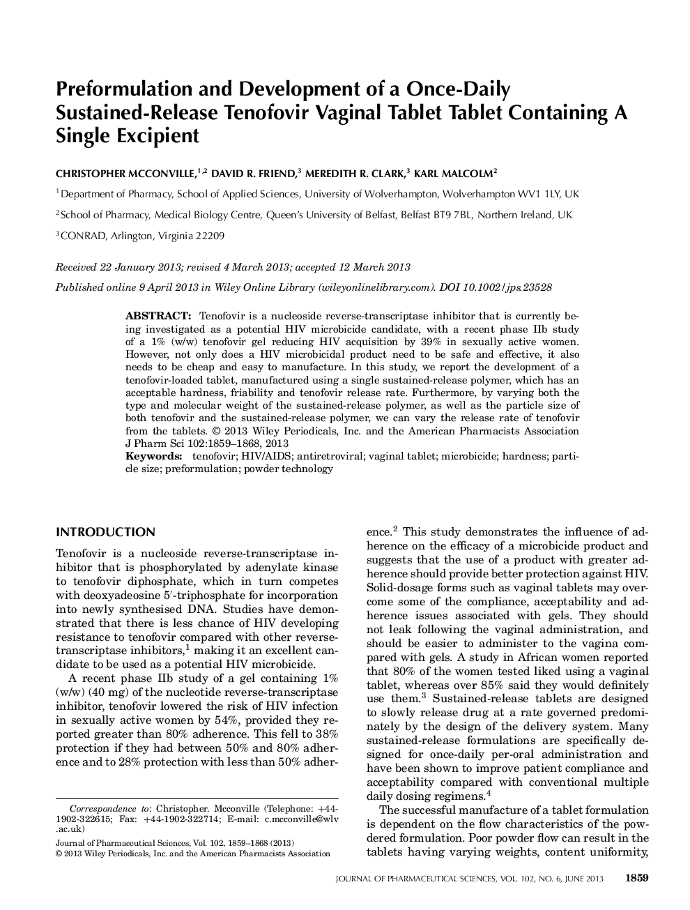 Preformulation and Development of a Once-Daily Sustained-Release Tenofovir Vaginal Tablet Tablet Containing A Single Excipient