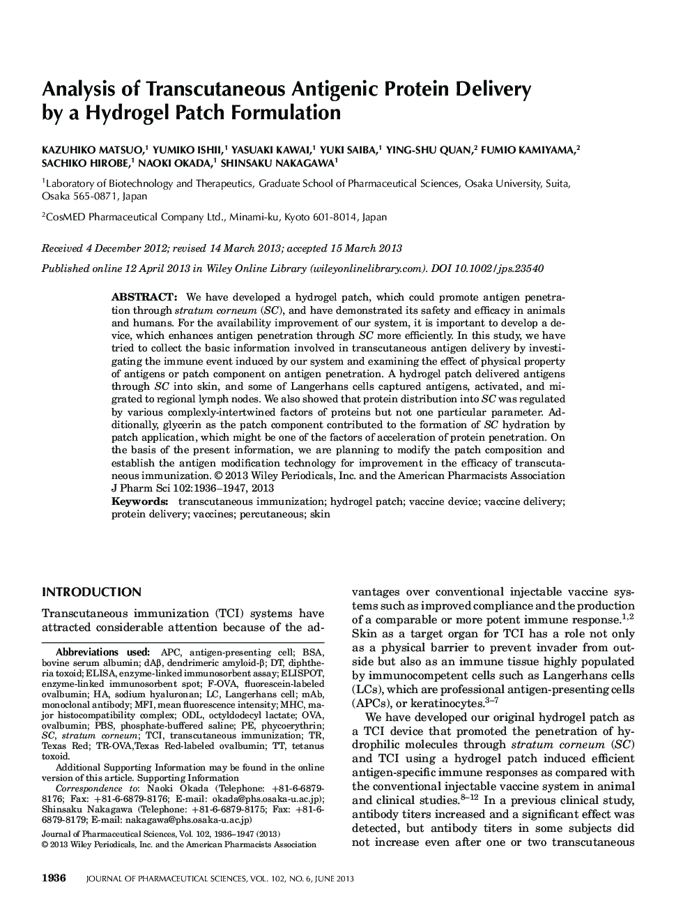 Analysis of Transcutaneous Antigenic Protein Delivery by a Hydrogel Patch Formulation