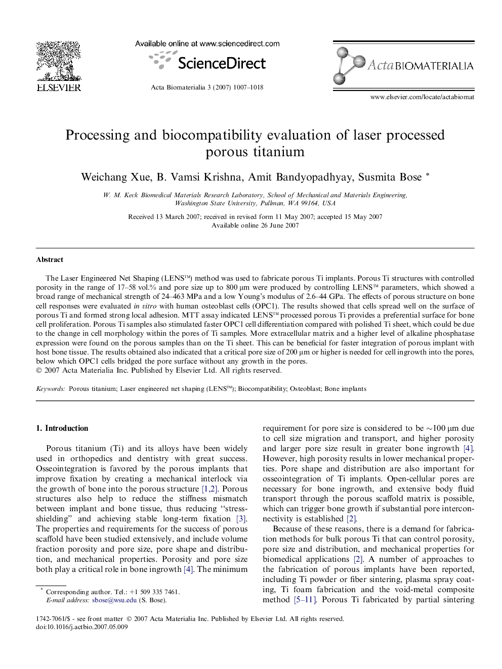 Processing and biocompatibility evaluation of laser processed porous titanium