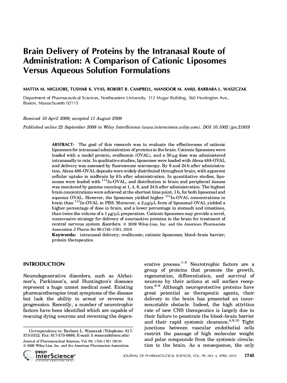 Brain delivery of proteins by the intranasal route of administration: A comparison of cationic liposomes versus aqueous solution formulations