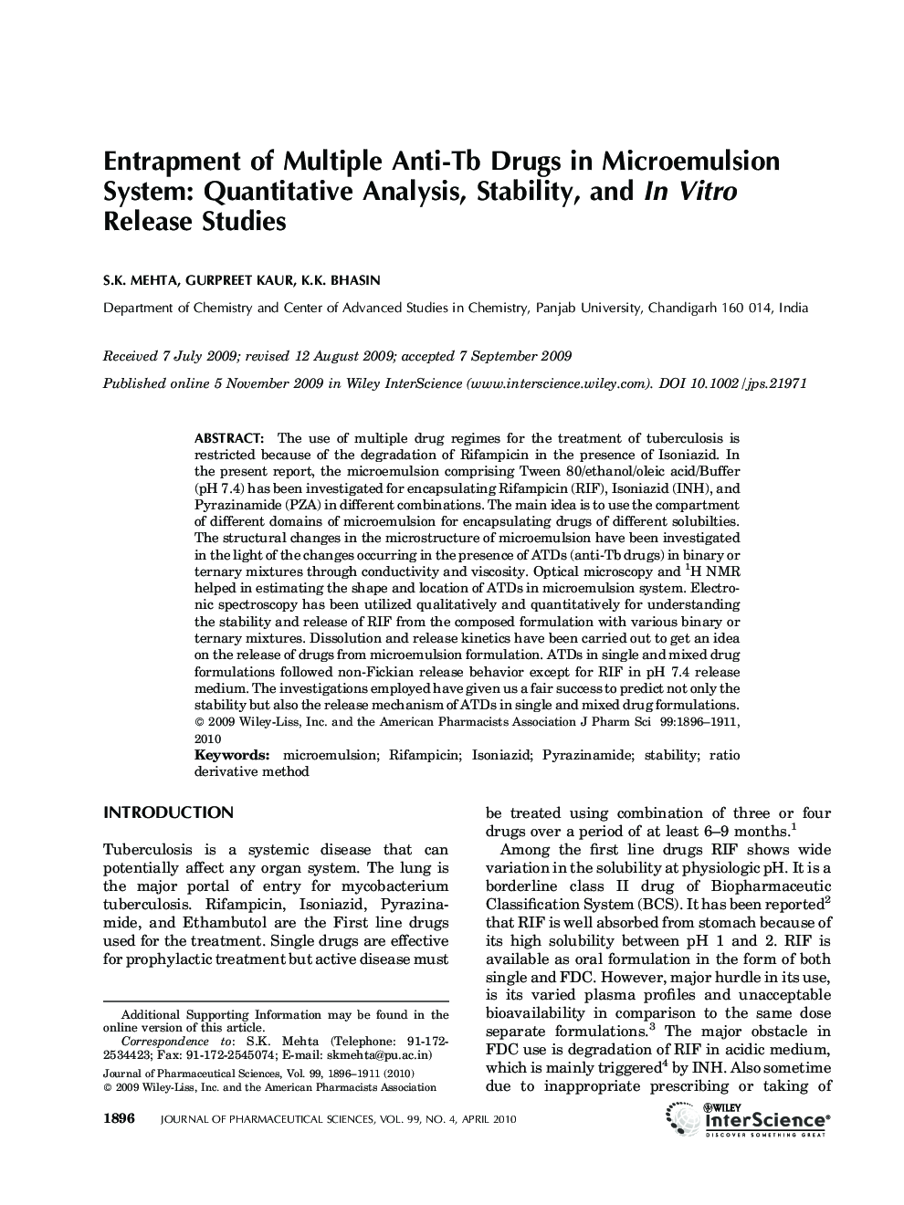 Entrapment of multiple antiâTb drugs in microemulsion system: Quantitative analysis, stability, and in vitro release studies