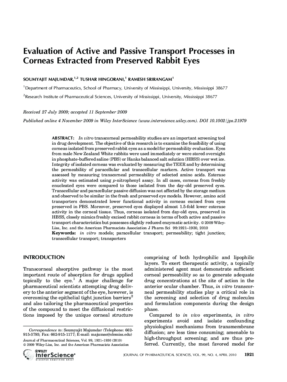 Evaluation of active and passive transport processes in corneas extracted from preserved rabbit eyes