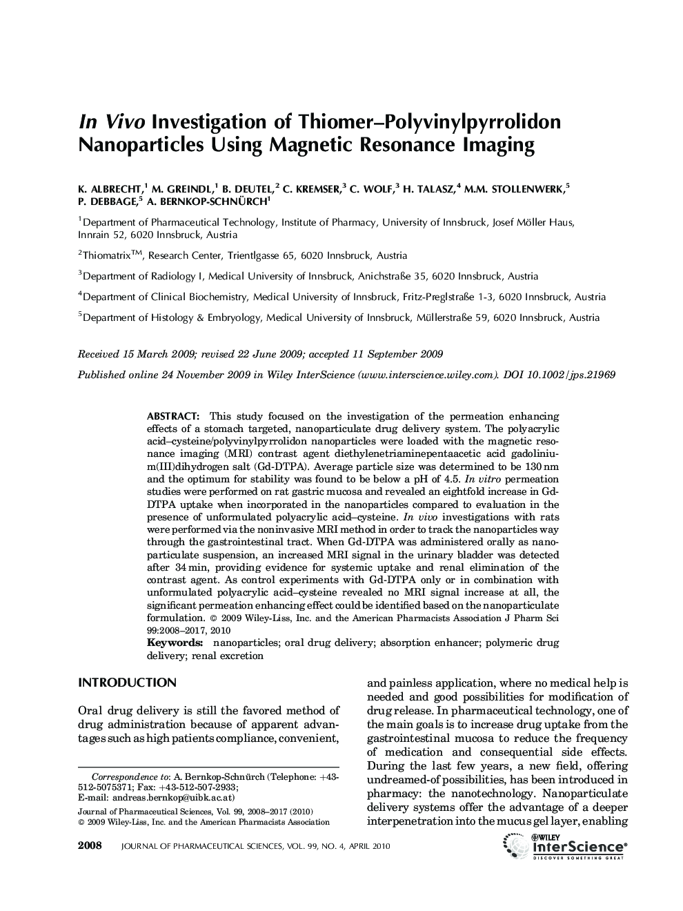 In vivo investigation of thiomer-polyvinylpyrrolidon nanoparticles using magnetic resonance imaging