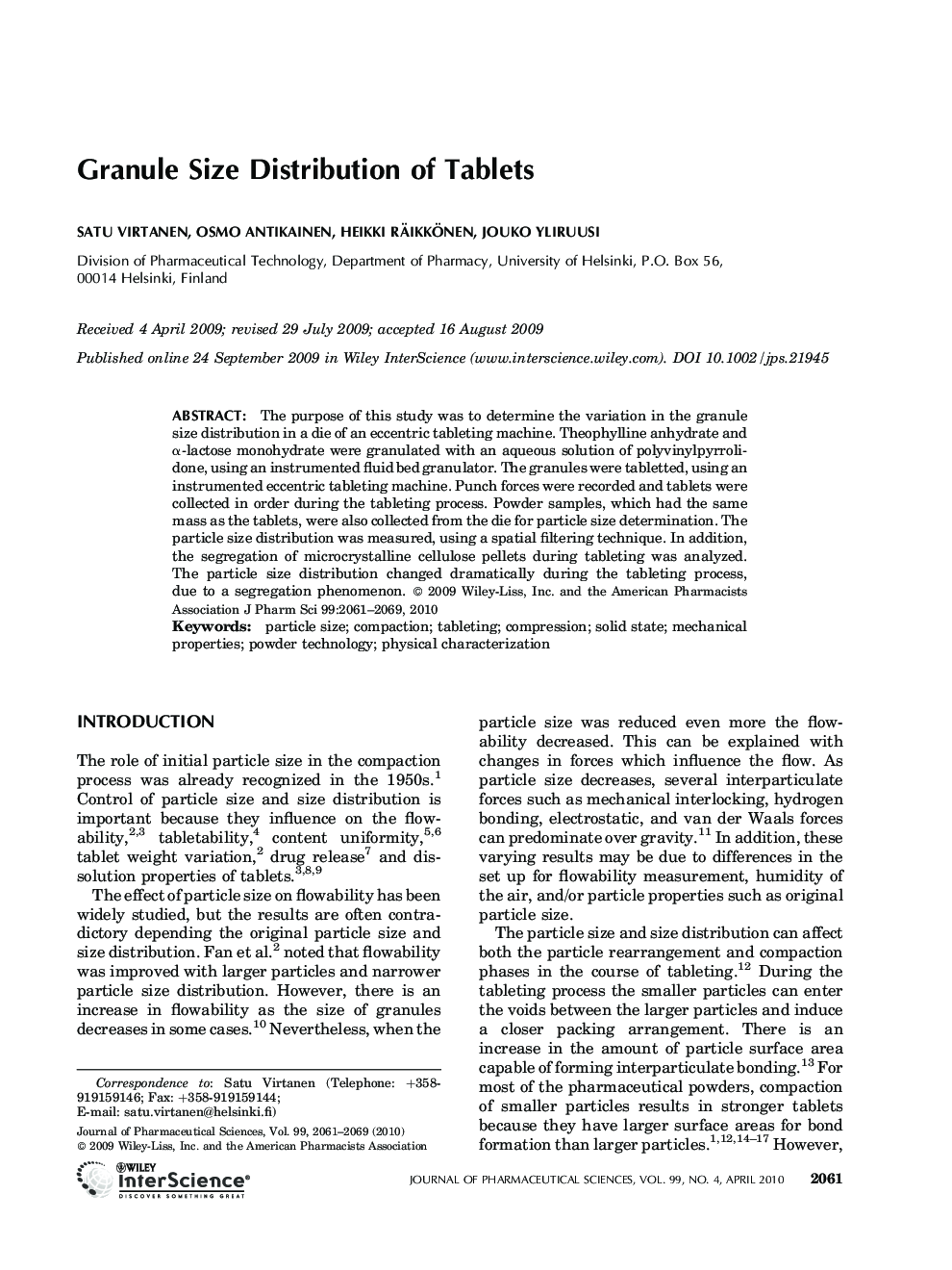 Granule size distribution of tablets