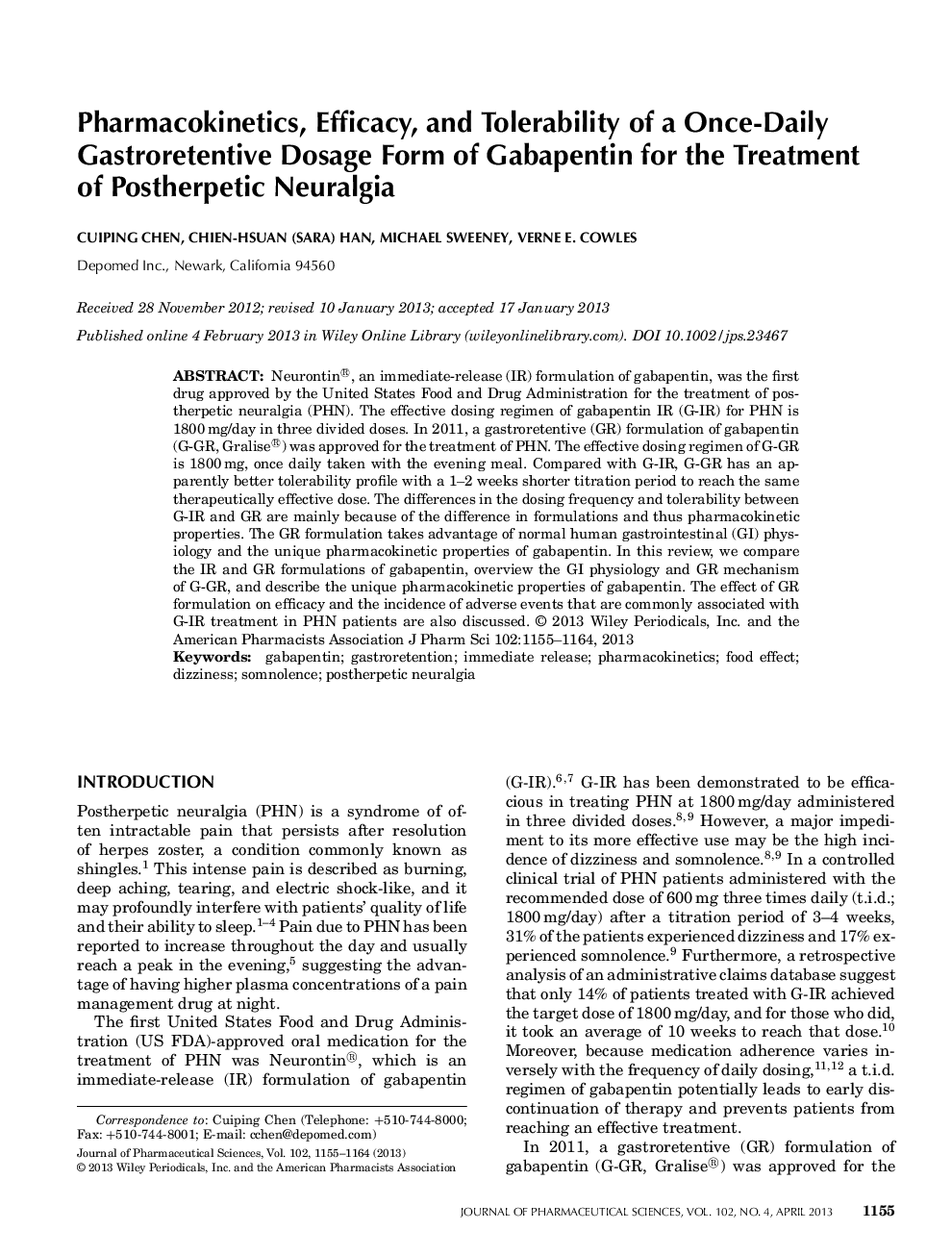 Pharmacokinetics, Efficacy, and Tolerability of a Once-Daily Gastroretentive Dosage Form of Gabapentin for the Treatment of Postherpetic Neuralgia