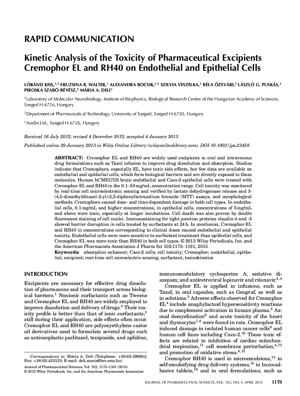 Kinetic Analysis of the Toxicity of Pharmaceutical Excipients Cremophor EL and RH40 on Endothelial and Epithelial Cells