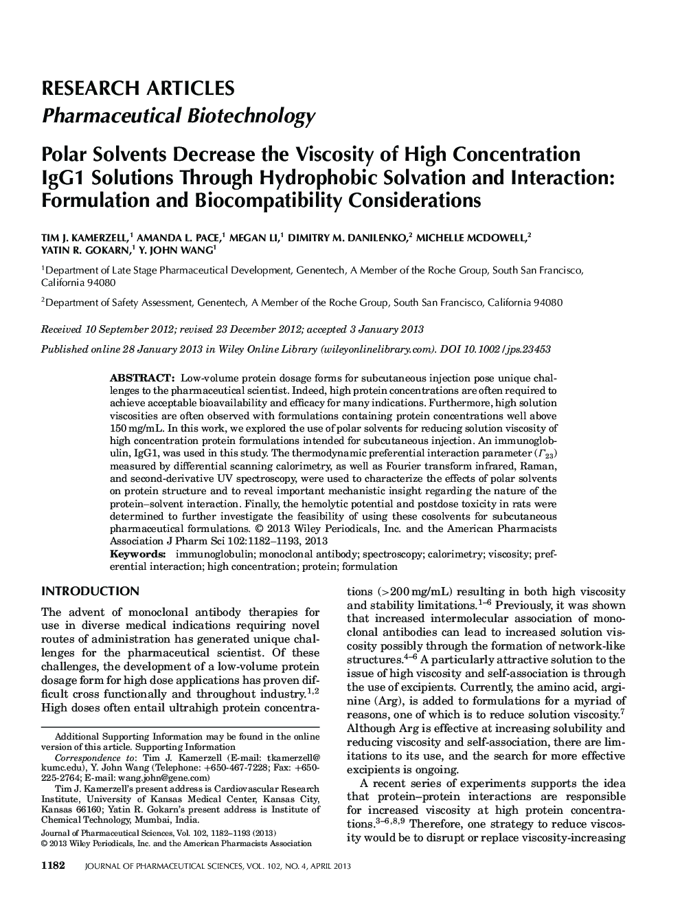 Polar Solvents Decrease the Viscosity of High Concentration IgG1 Solutions Through Hydrophobic Solvation and Interaction: Formulation and Biocompatibility Considerations