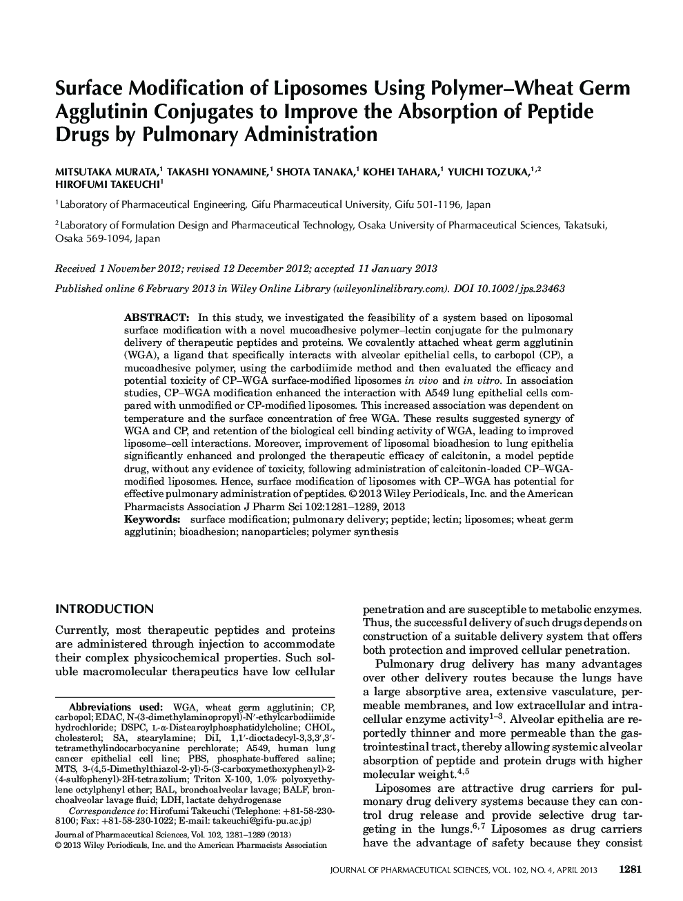 Surface Modification of Liposomes Using Polymer-Wheat Germ Agglutinin Conjugates to Improve the Absorption of Peptide Drugs by Pulmonary Administration