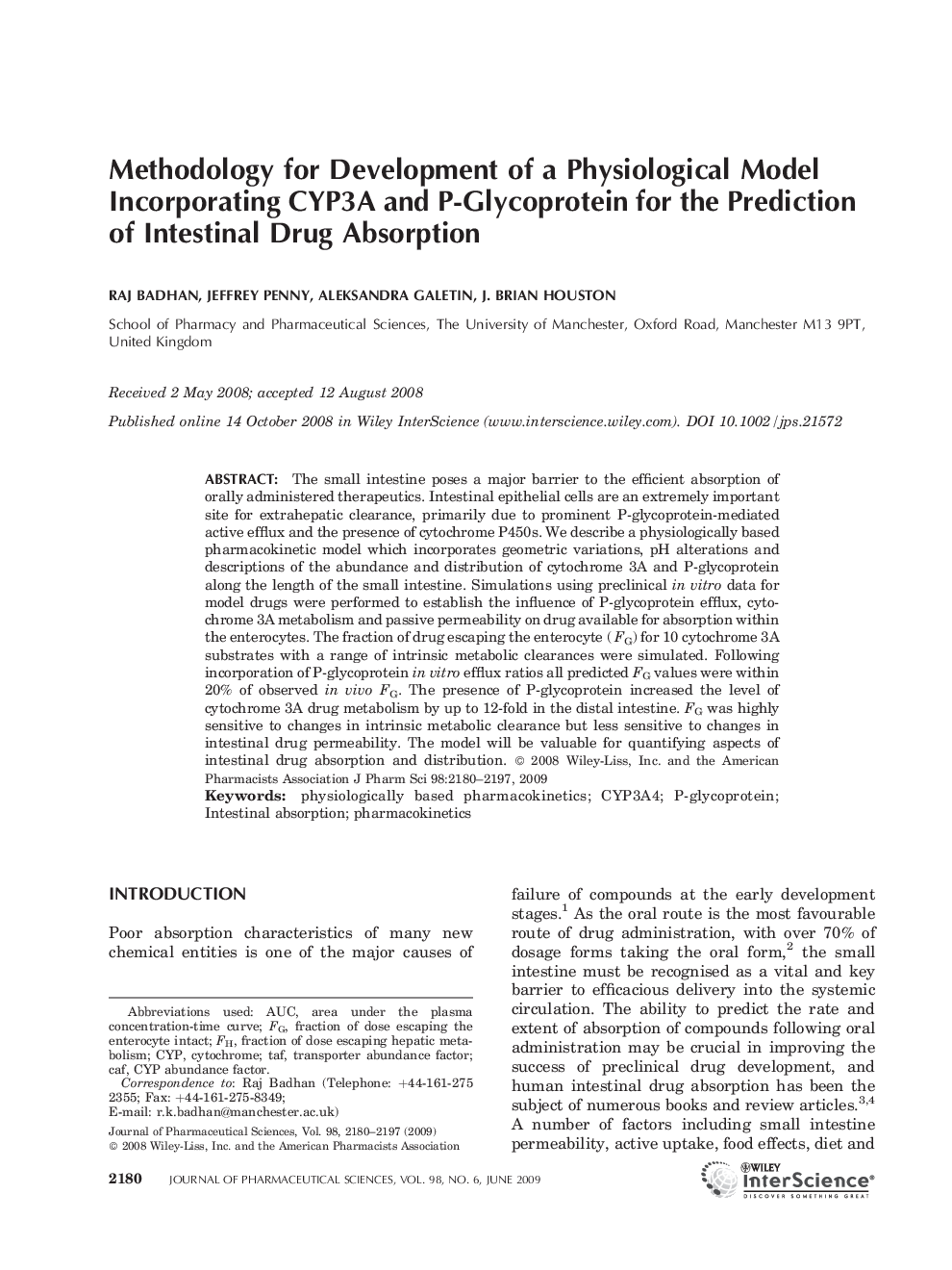 Methodology for development of a physiological model incorporating CYP3A and P-glycoprotein for the prediction of intestinal drug absorption