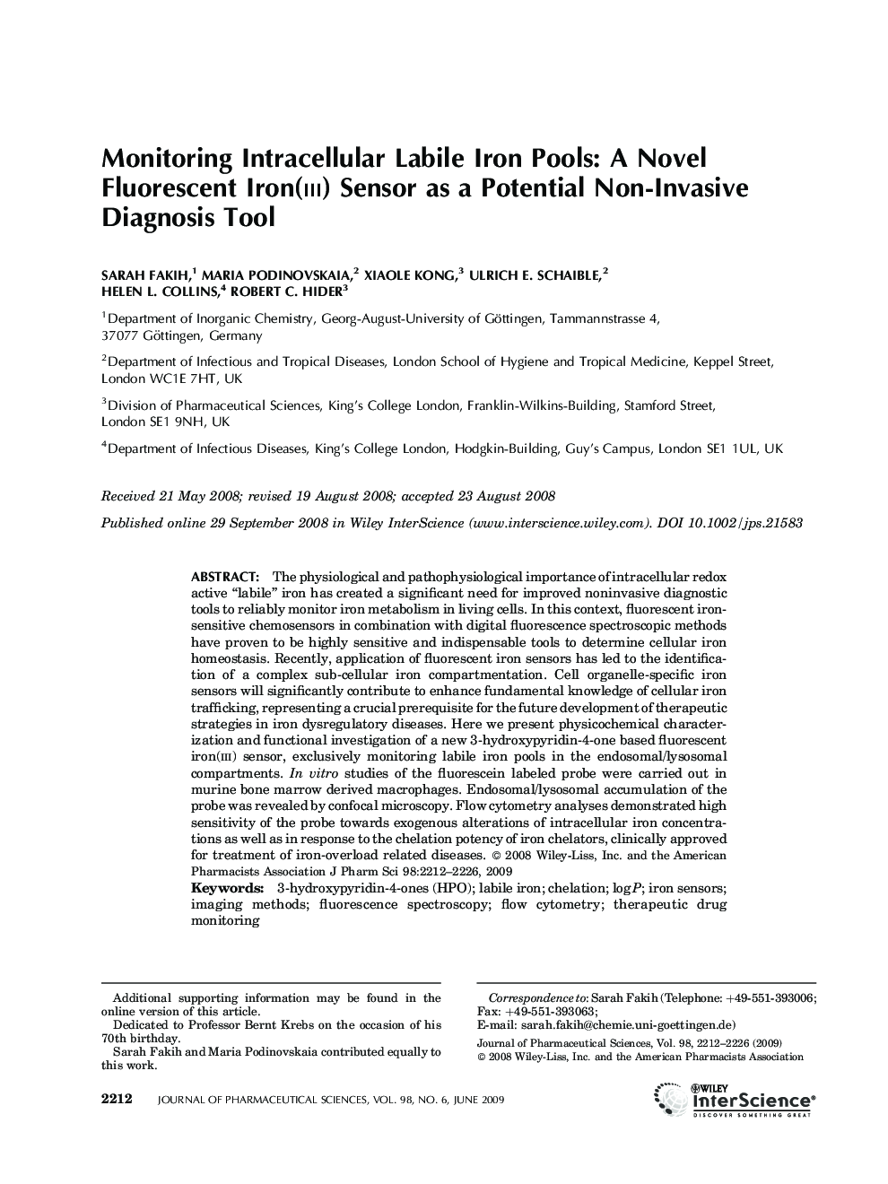 Monitoring intracellular labile iron pools: A novel fluorescent iron(iii) sensor as a potential non-invasive diagnosis tool