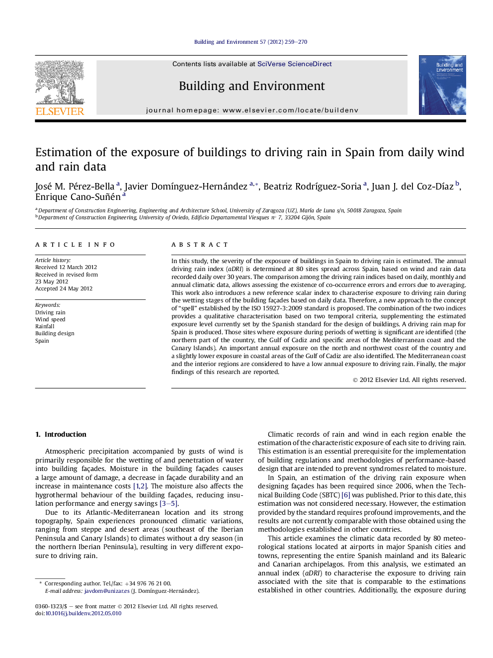 Estimation of the exposure of buildings to driving rain in Spain from daily wind and rain data