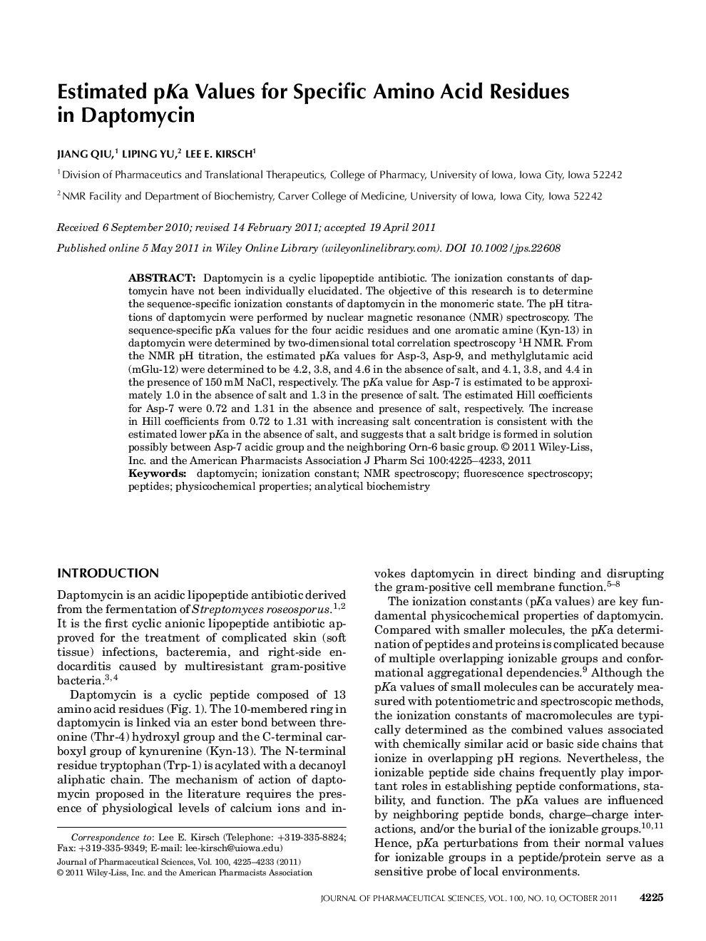 Estimated pKa values for specific amino acid residues in daptomycin