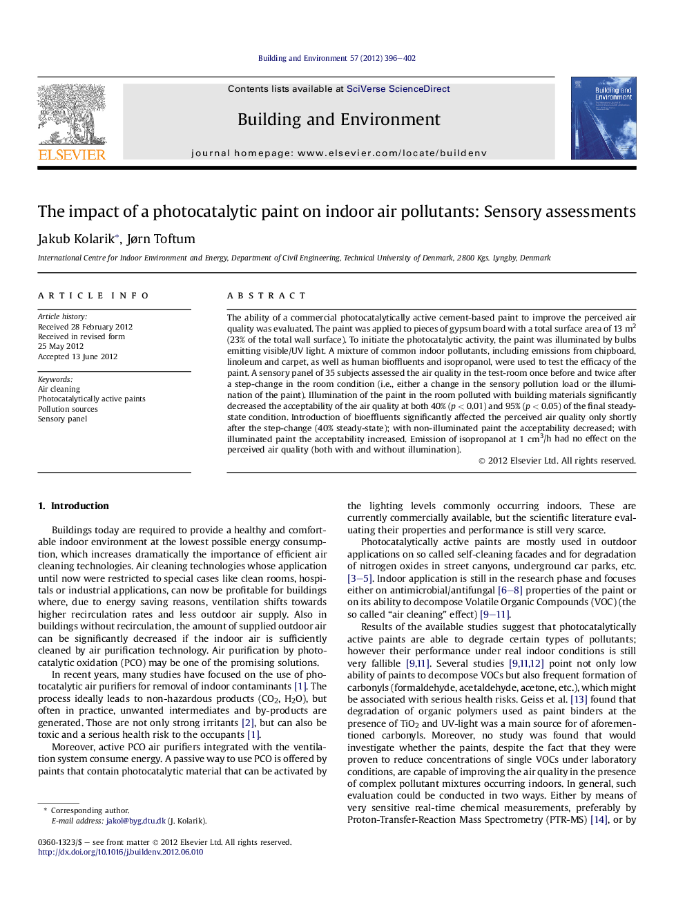 The impact of a photocatalytic paint on indoor air pollutants: Sensory assessments