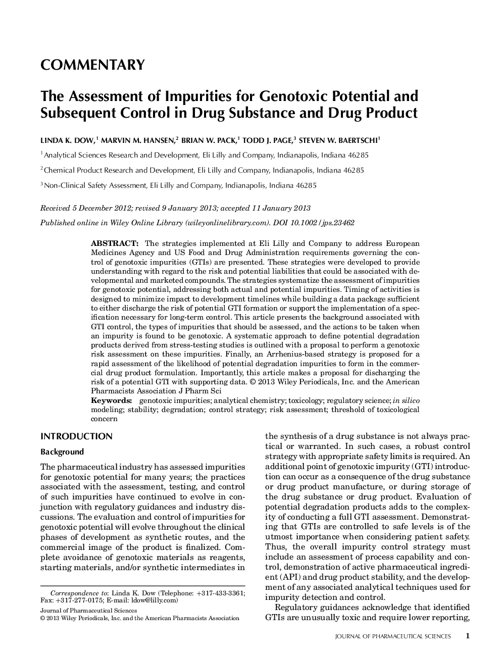 The Assessment of Impurities for Genotoxic Potential and Subsequent Control in Drug Substance and Drug Product