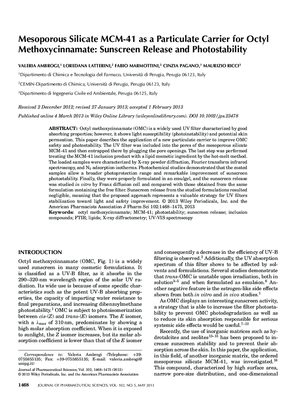 Mesoporous Silicate MCM-41 as a Particulate Carrier for Octyl Methoxycinnamate: Sunscreen Release and Photostability