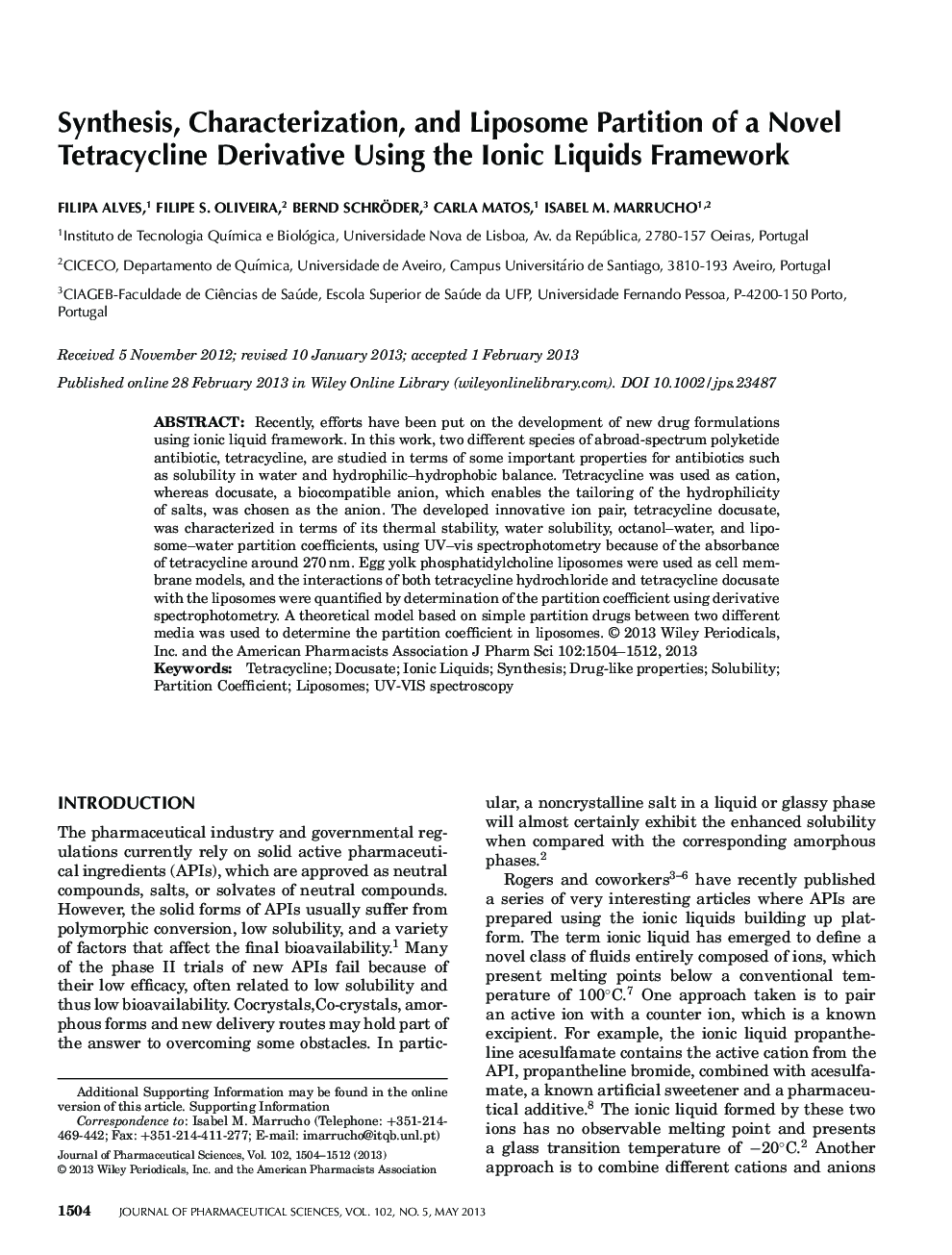 Synthesis, Characterization, and Liposome Partition of a Novel Tetracycline Derivative Using the Ionic Liquids Framework