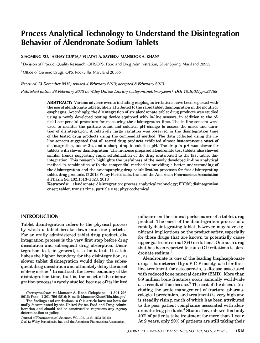 Process Analytical Technology to Understand the Disintegration Behavior of Alendronate Sodium Tablets