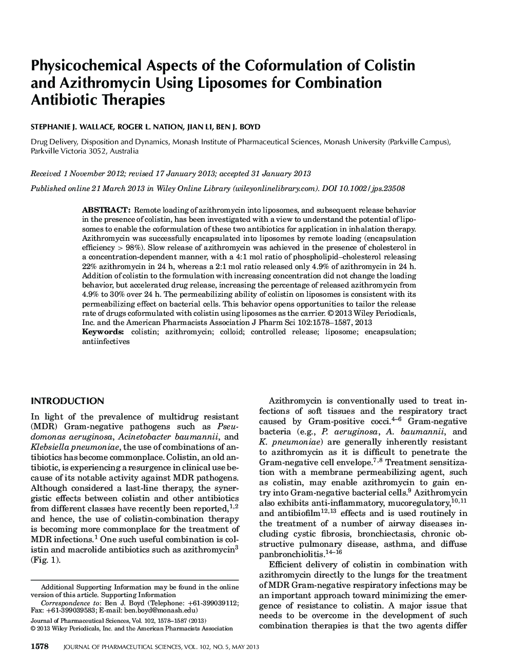 Physicochemical Aspects of the Coformulation of Colistin and Azithromycin Using Liposomes for Combination Antibiotic Therapies
