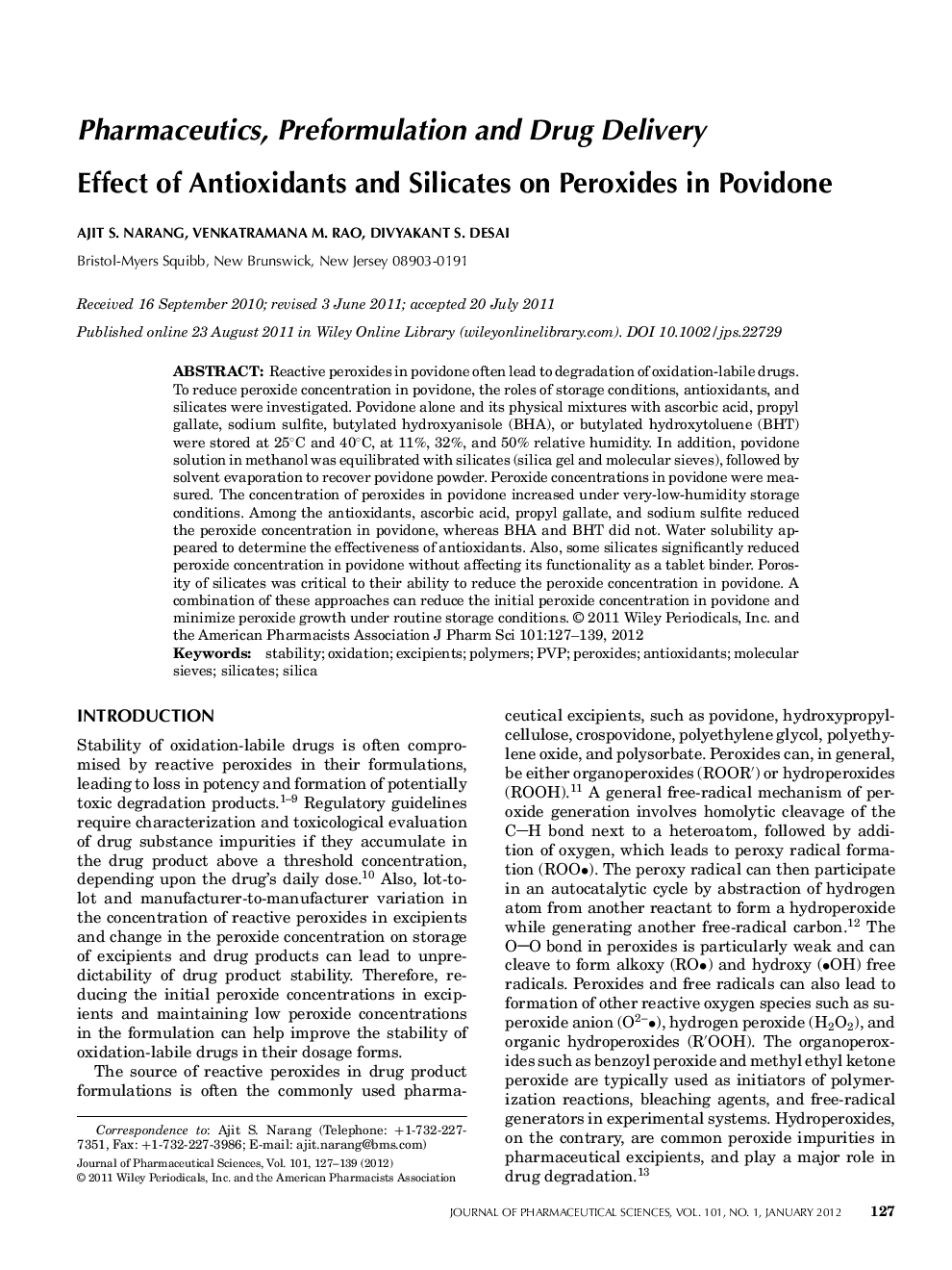 Effect of Antioxidants and Silicates on Peroxides in Povidone