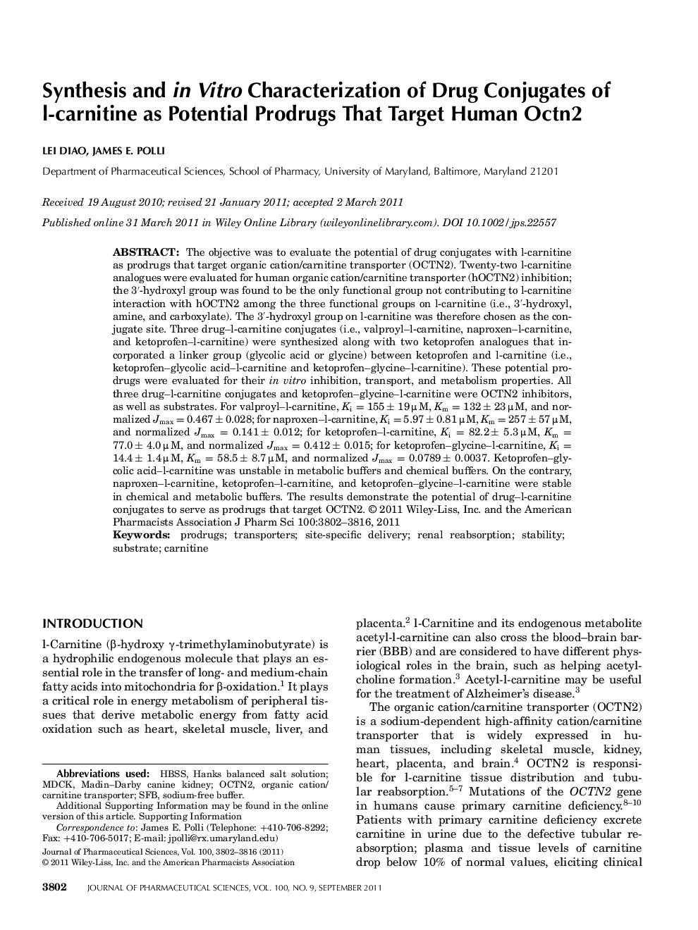 Synthesis and in vitro characterization of drug conjugates of l-carnitine as potential prodrugs that target human Octn2 