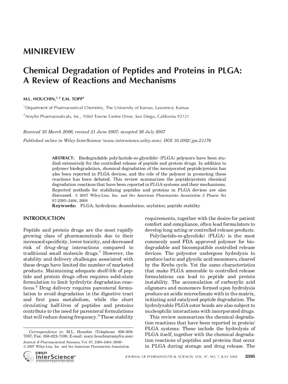 Chemical Degradation of Peptides and Proteins in PLGA: A Review of Reactions and Mechanisms